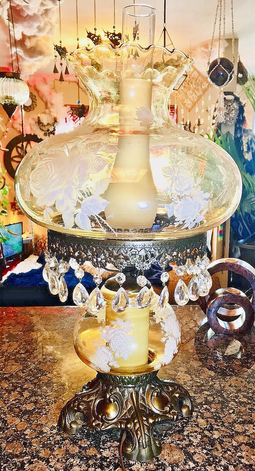 Unique Vintage Crystal Bohemian Double Lite Glass Fairy Garden Paint Brass Lamp