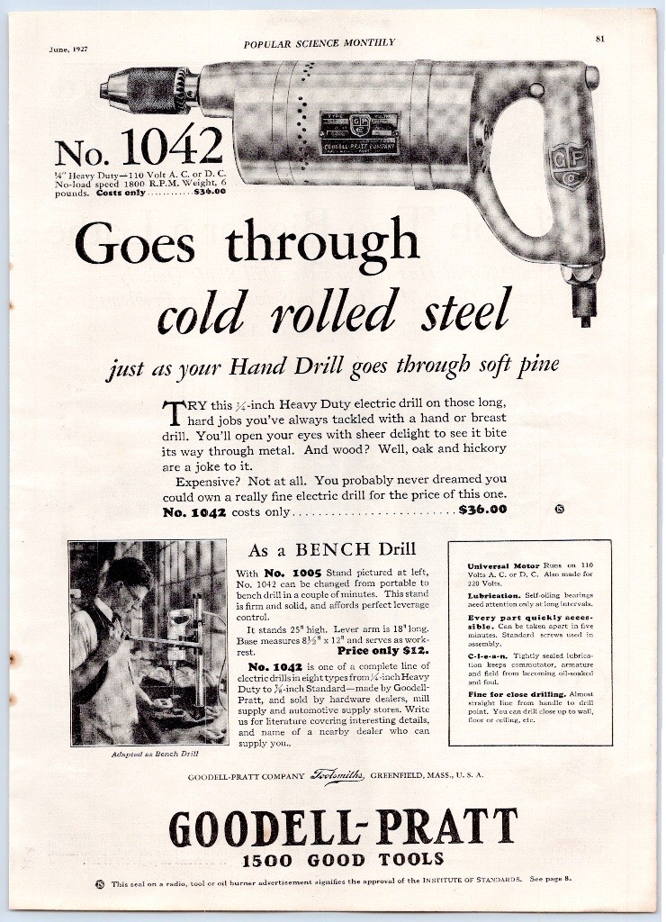 Goodell-Pratt No 1042 Electric Drill Toolsmiths Greenfield MA 1927 Print Ad Goodell-Pratt No 1042 Electric Drill Toolsmiths Greenfield MA 1927 Print Ad