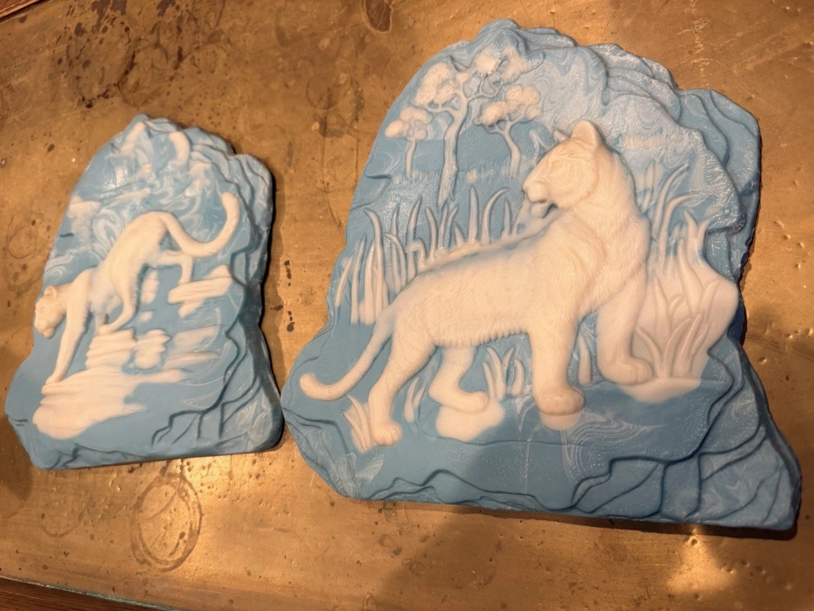 Vintage Incolay Stone Cougar Mountain Lion Wall Plaques - Set of 2 Marbled Lapis