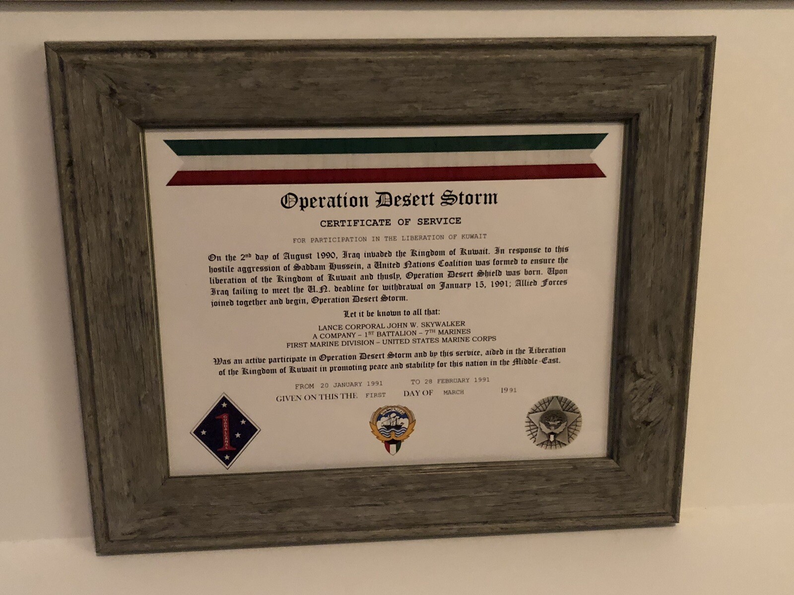 OPERATION DESERT STORM CERTIFICATE OF SERVICE w/Free Printing OPERATION DESERT STORM CERTIFICATE OF SERVICE w/Free Printing
