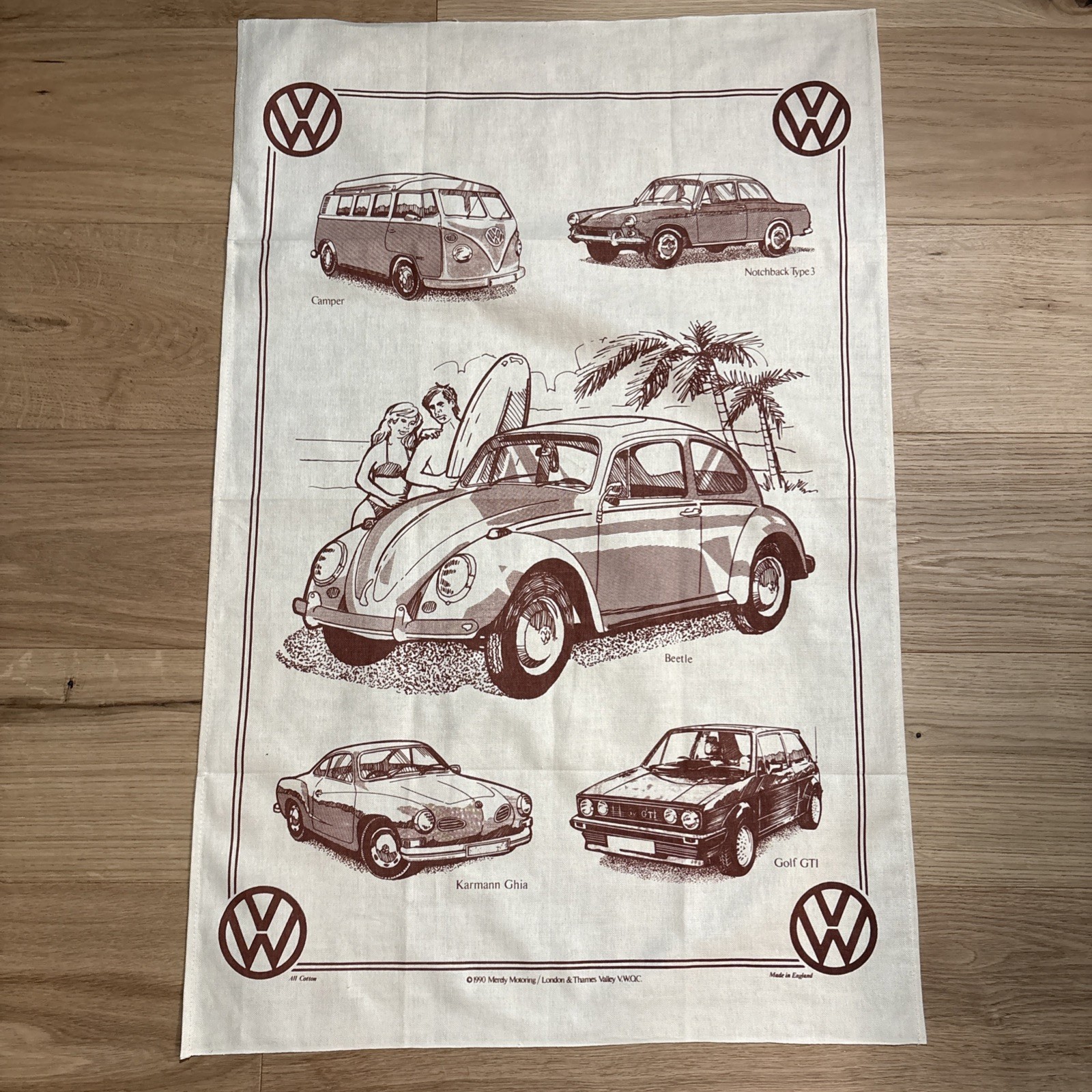 RARE VINTAGE 1990 VOLKSWAGEN "MERELY MOTORING" TEA TOWEL – MADE IN ENGLAND