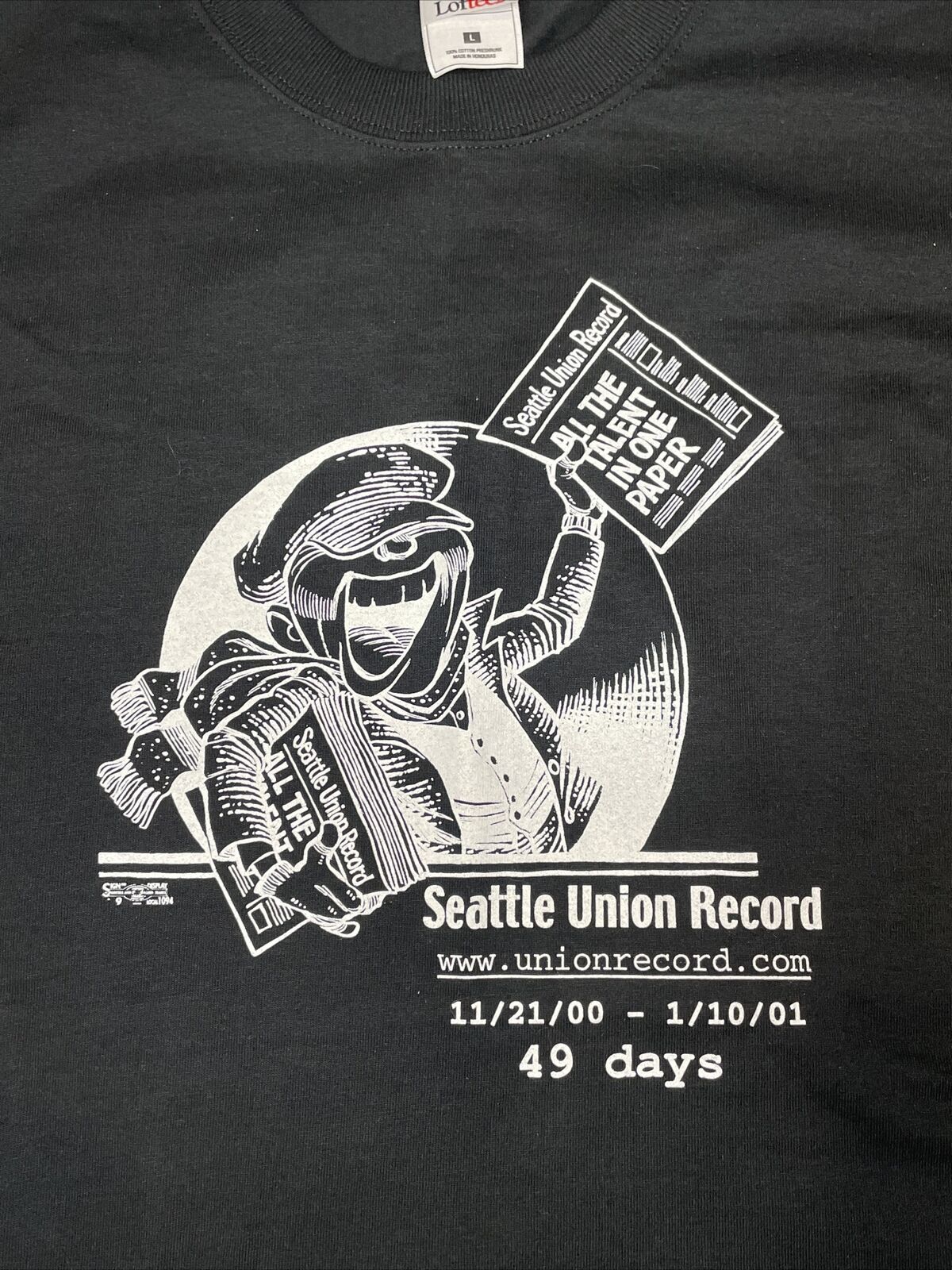 RARE Mens L Seattle Union Record T Shirt Defunct Newspaper 11/21/00-1/10/01