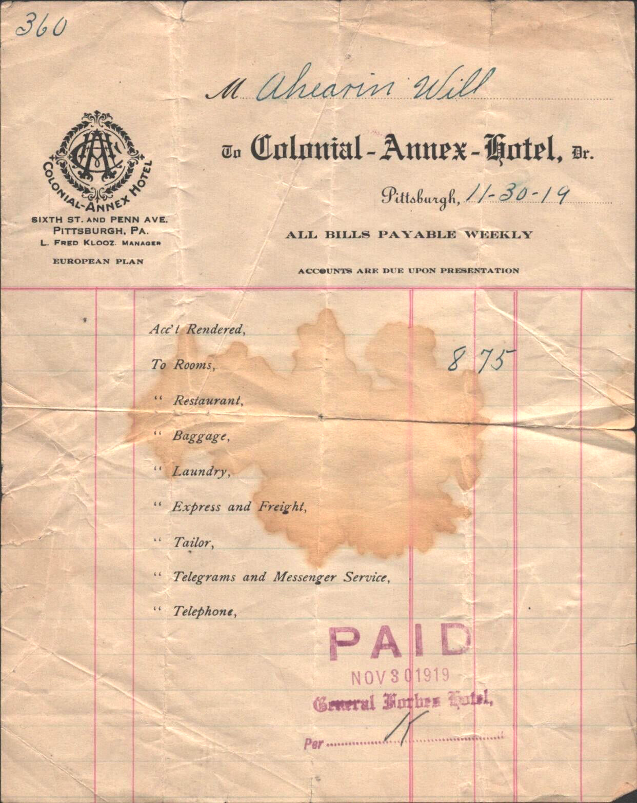 1919 COLONIAL-ANNEX HOTEL antique guest bill or receipt PITTSBURGH, PENNSYLVANIA