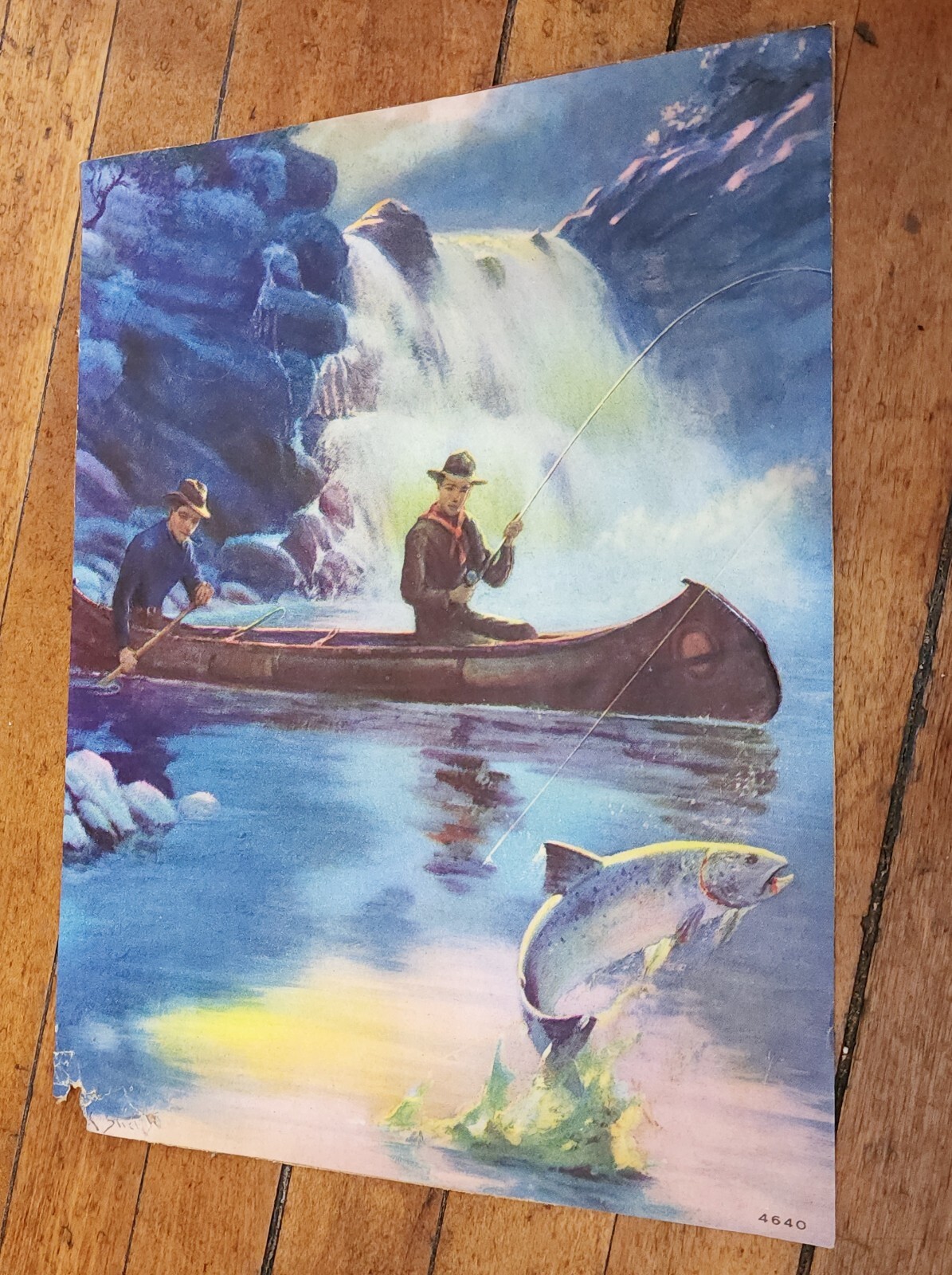 Vtg 1940s Colorful SCOUTS FISHING Embossed Litho From Calendar 7.5x10 Inch FLAWS Vtg 1940s Colorful SCOUTS FISHING Embossed Litho From Calendar 7.5x10 Inch FLAWS