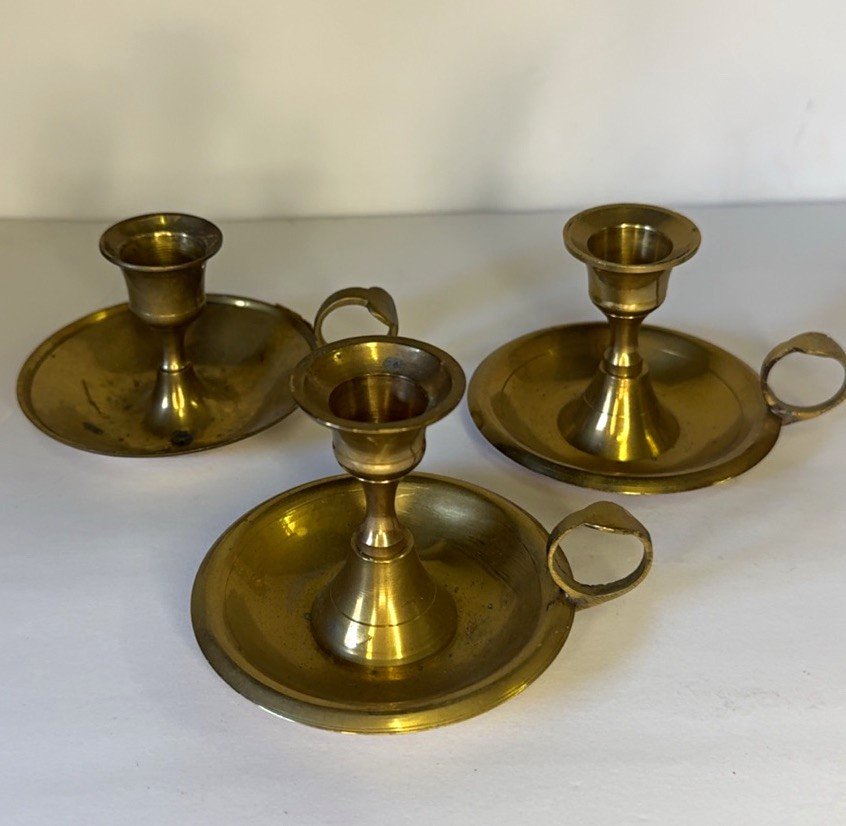 Lot of 3 Vintage Brass Chamberstick Candle Holders Saucer Finger Loop Handle