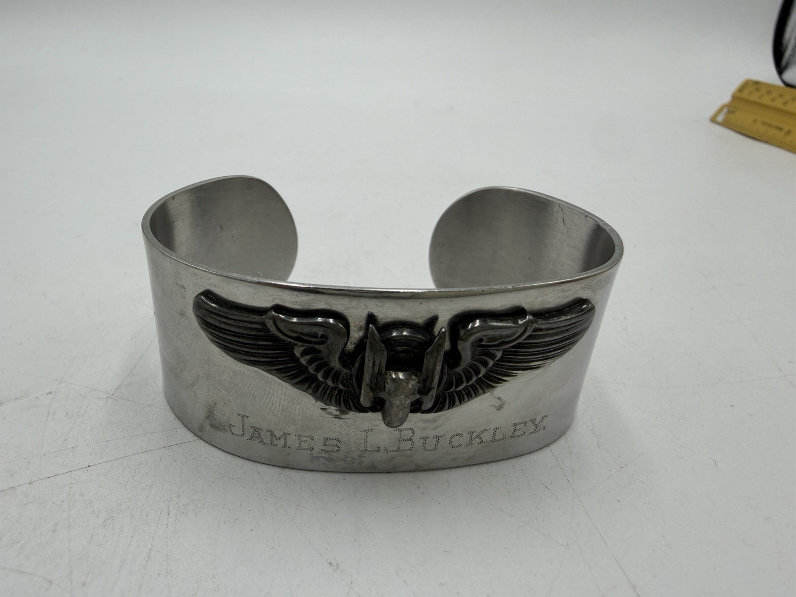 Vintage WWII USAAF Pilot Wings ID Cuff Bracelet James L Buckley Trench Art Vintage WWII USAAF Pilot Wings ID Cuff Bracelet James L Buckley Trench Art