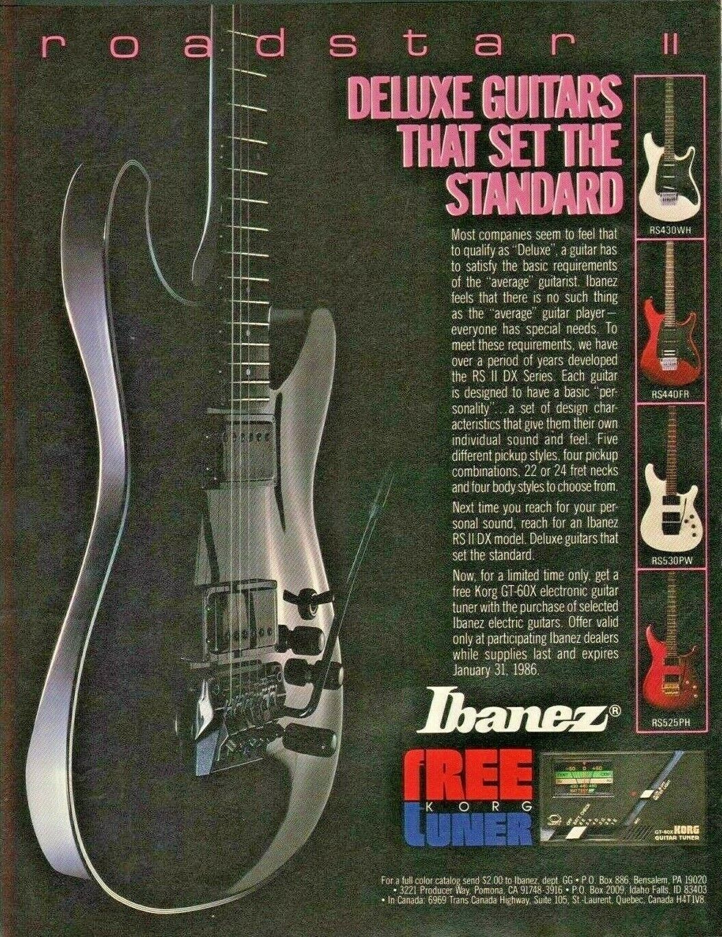 1985 Ibanez Roadstar II Deluxe RS II DX, RS450WH RS440FR - Vintage Guitar Ad