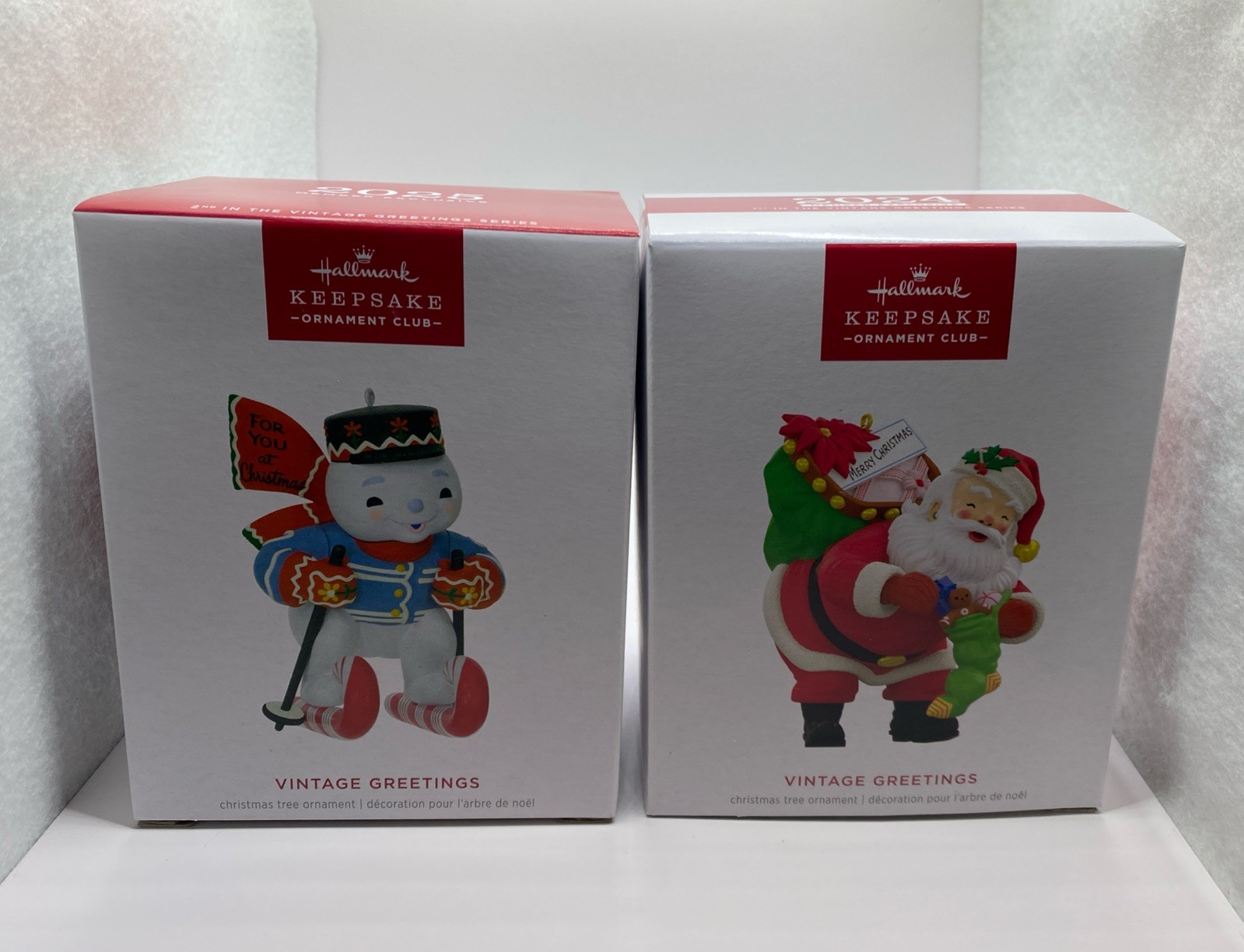Hallmark Keepsake Club Vintage Greetings Ornament Set Of 2 Dated 2024 & 2025 Hallmark Keepsake Club Vintage Greetings Ornament Set Of 2 Dated 2024 & 2025