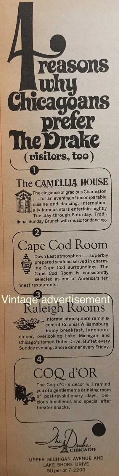 1968 Drake Hotel Chicago Cape Cod Room, Camellia, Coq D’or Aging PROMO