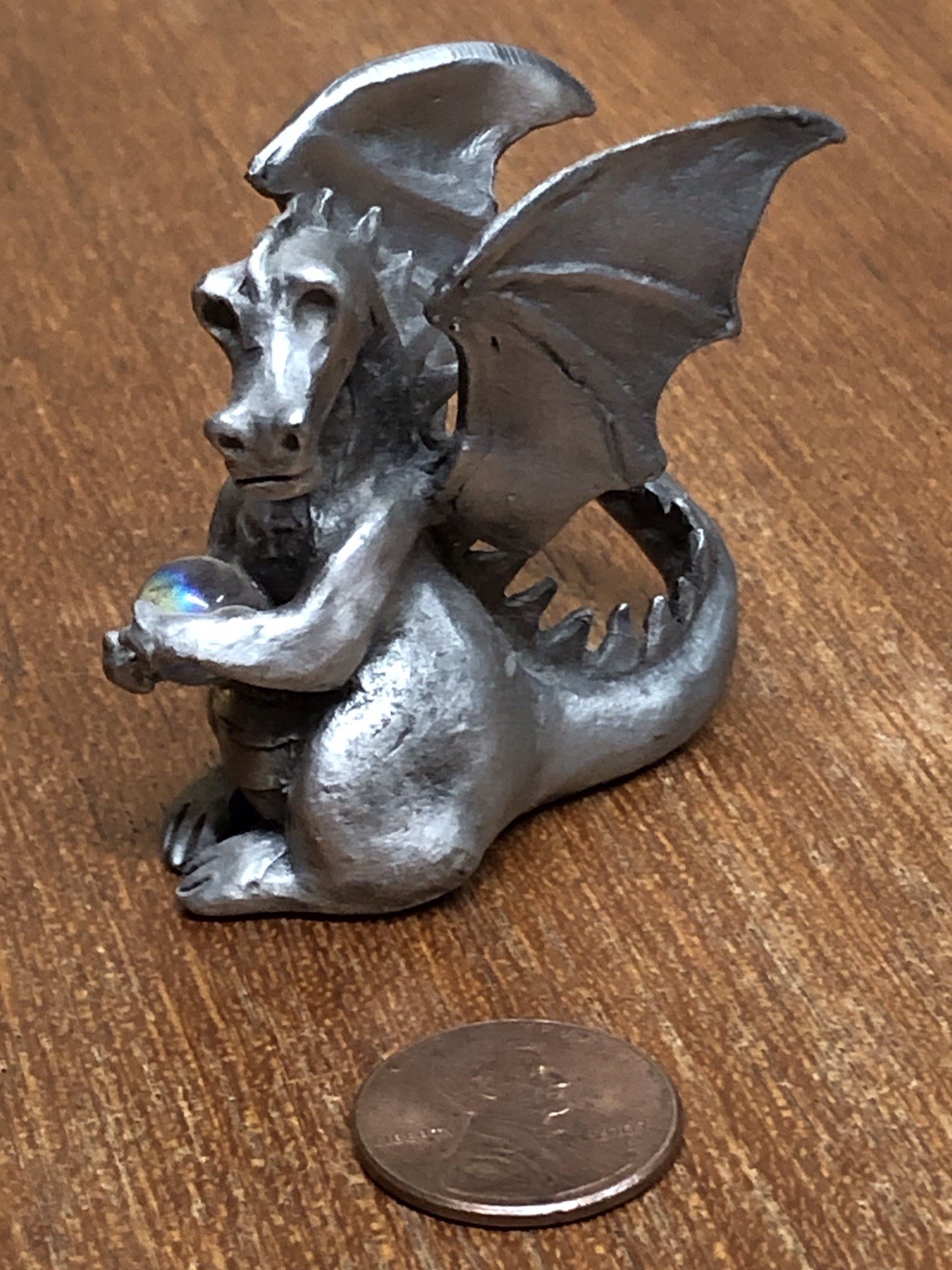 Vintage 1980's Pewter Dragon Figurine " Gallo " Crystal Ball