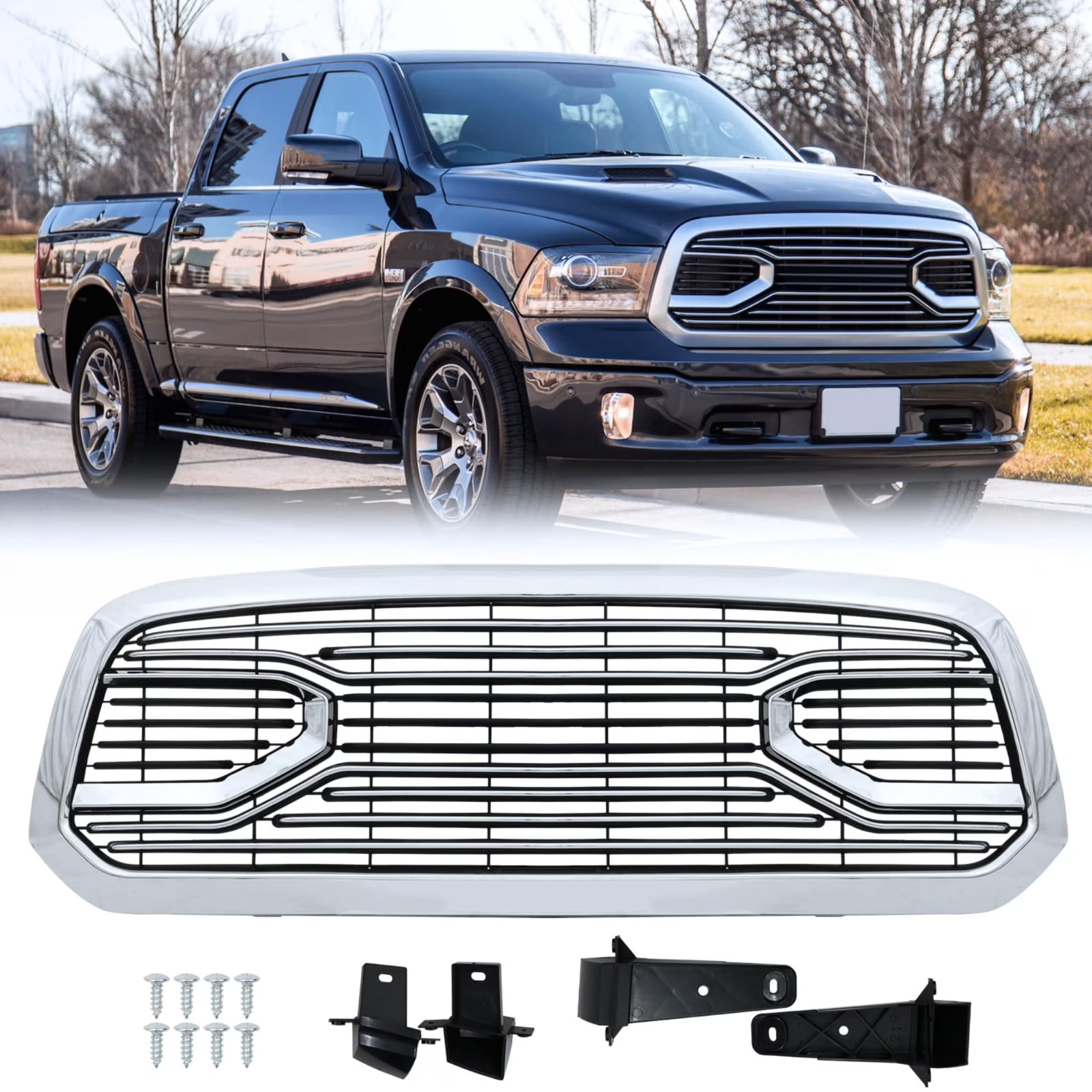 Front Grill Compatible with 2013-2018 Dodge RAM 1500 (Chrome W/Light) Big Horn H
