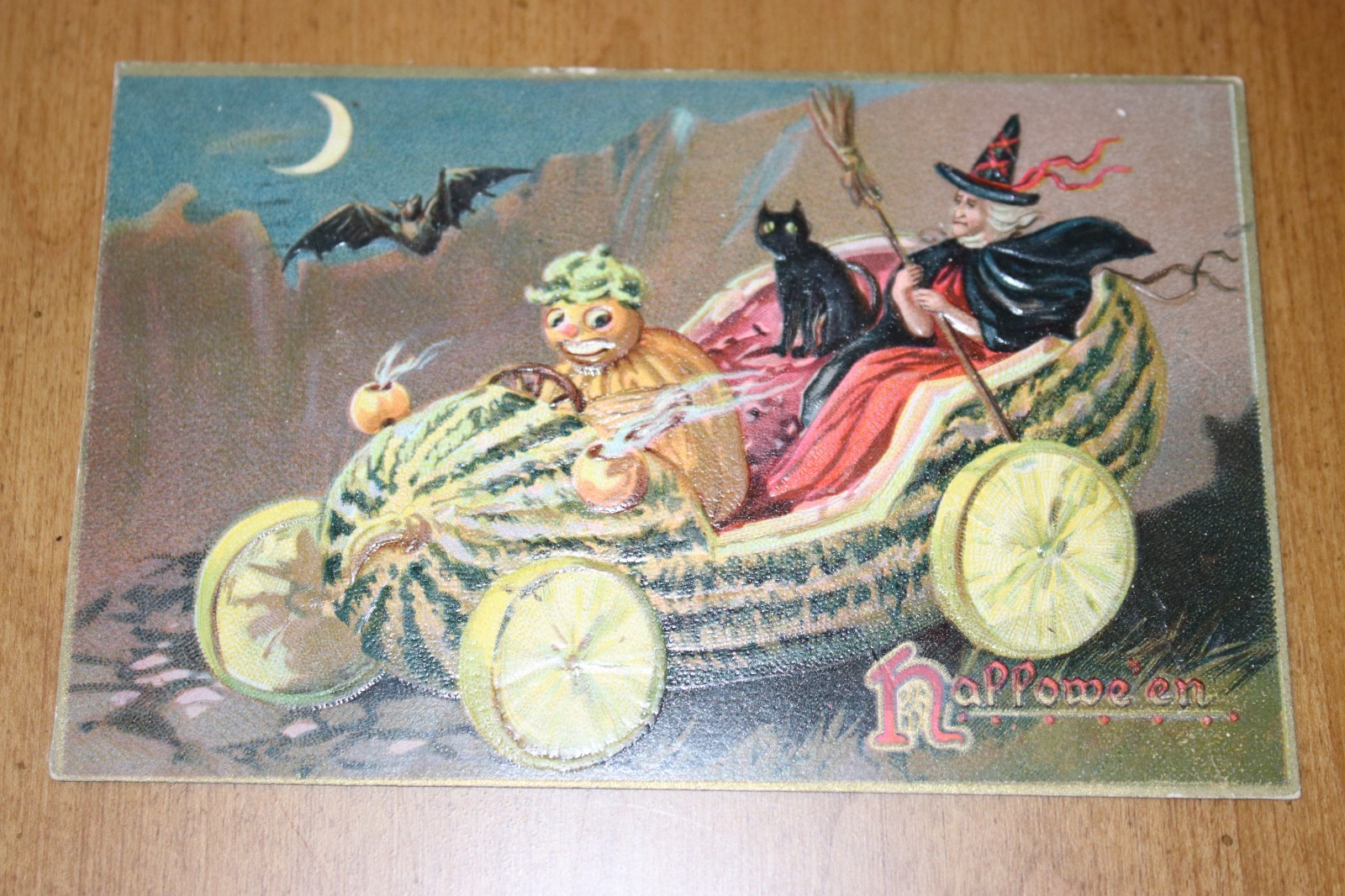 Antique Tuck Embossed Halloween Postcard Gourds, Witch, Black Cat Bat Antique Tuck Embossed Halloween Postcard Gourds, Witch, Black Cat Bat