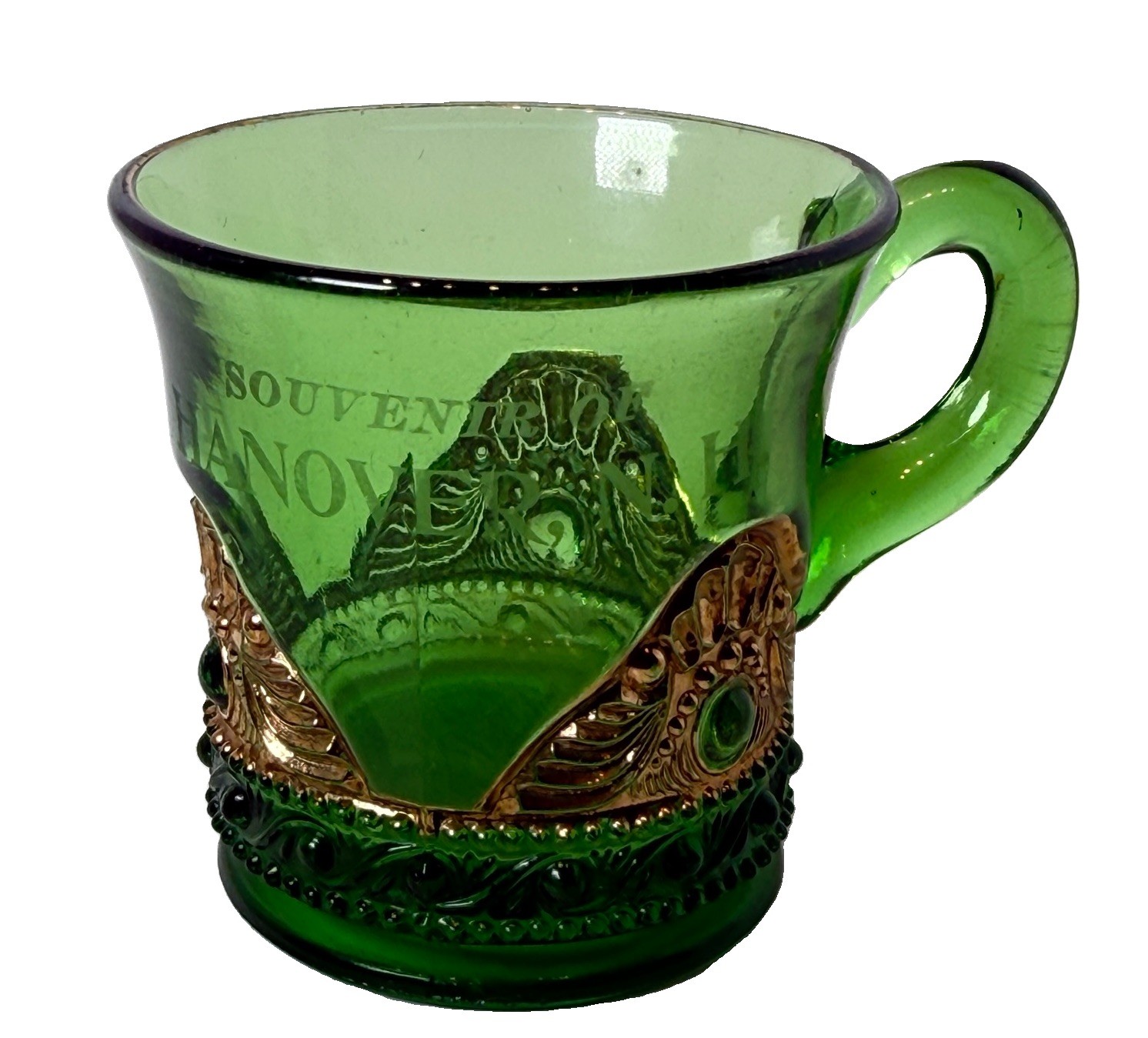 HANOVER NH NEW HAMPSHIRE Souvenir ANTIQUE DEPRESSION GREEN Glass TRINKET CUP MUG