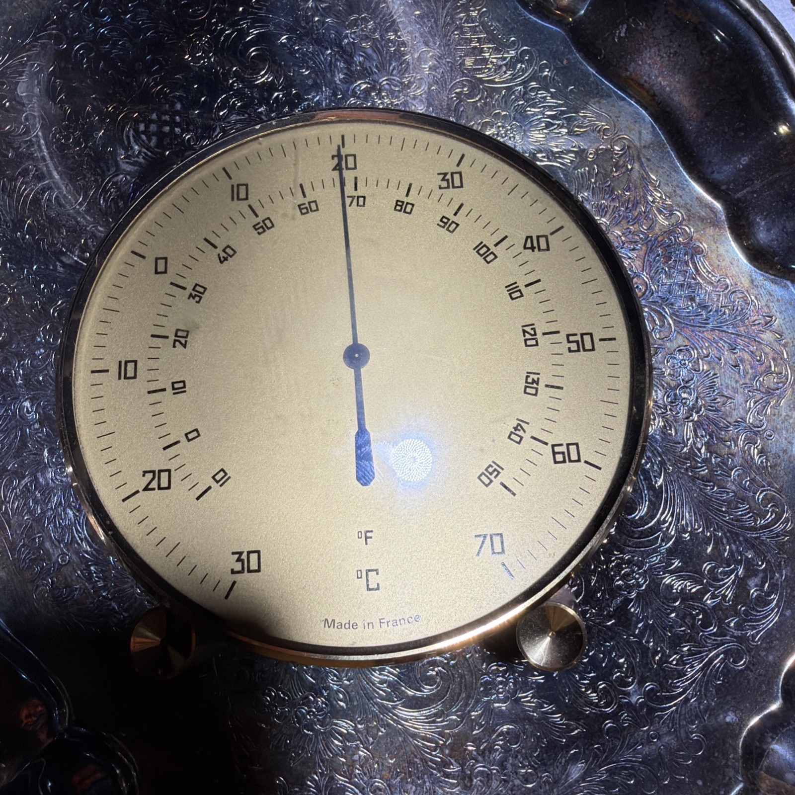 Vintage MCM Mid-Cent Atomic-Age Style Table Mantle Thermometer Brass France 5.5"
