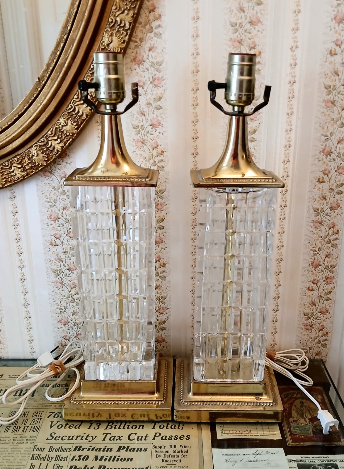 Vintage MCM Dresden Signed Crystal Block Column Brass Table Lamps Pair Works 19" Vintage MCM Dresden Signed Crystal Block Column Brass Table Lamps Pair Works 19"