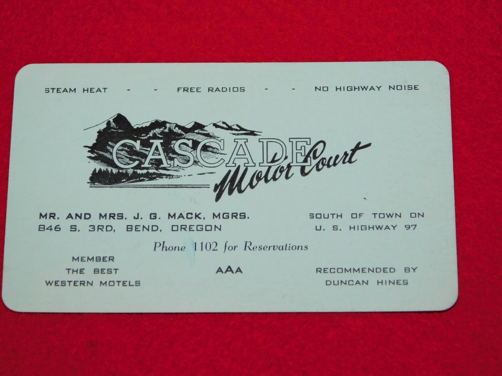 VINTAGE BUSINESS CARD CASCADE MOTOR COURT BEND OREGON MR MRS MACK VINTAGE BUSINESS CARD CASCADE MOTOR COURT BEND OREGON MR MRS MACK