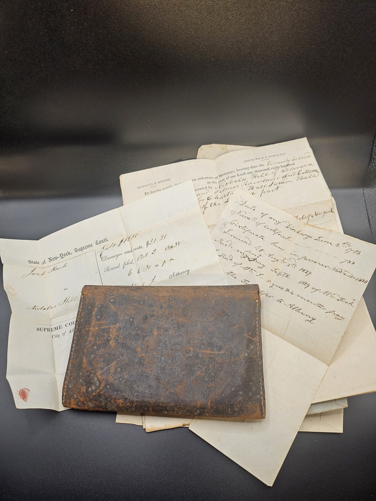 Antique Leather Wallet with receipts, signed court papers 1820's pre Civil War Antique Leather Wallet with receipts, signed court papers 1820's pre Civil War