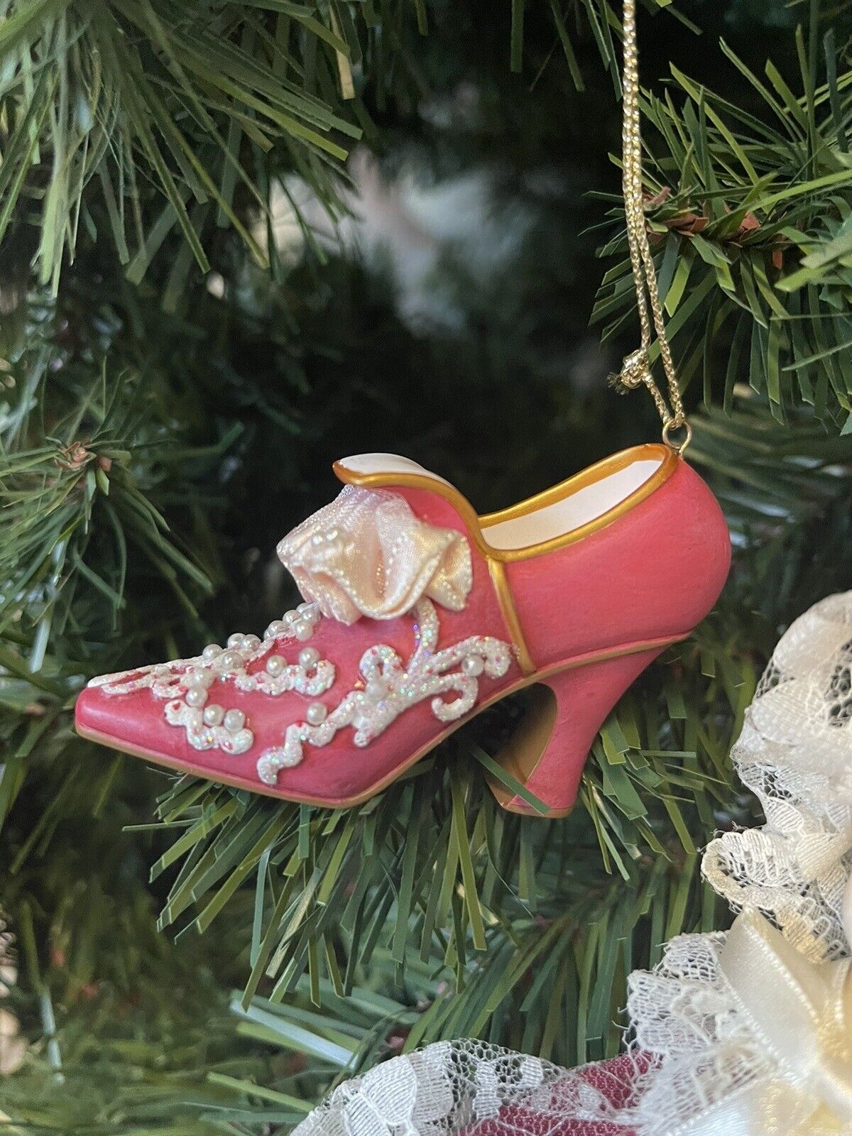 Vintage Ashton Drake Miniature Christmas Shoe Ornament, Ornate Pink White