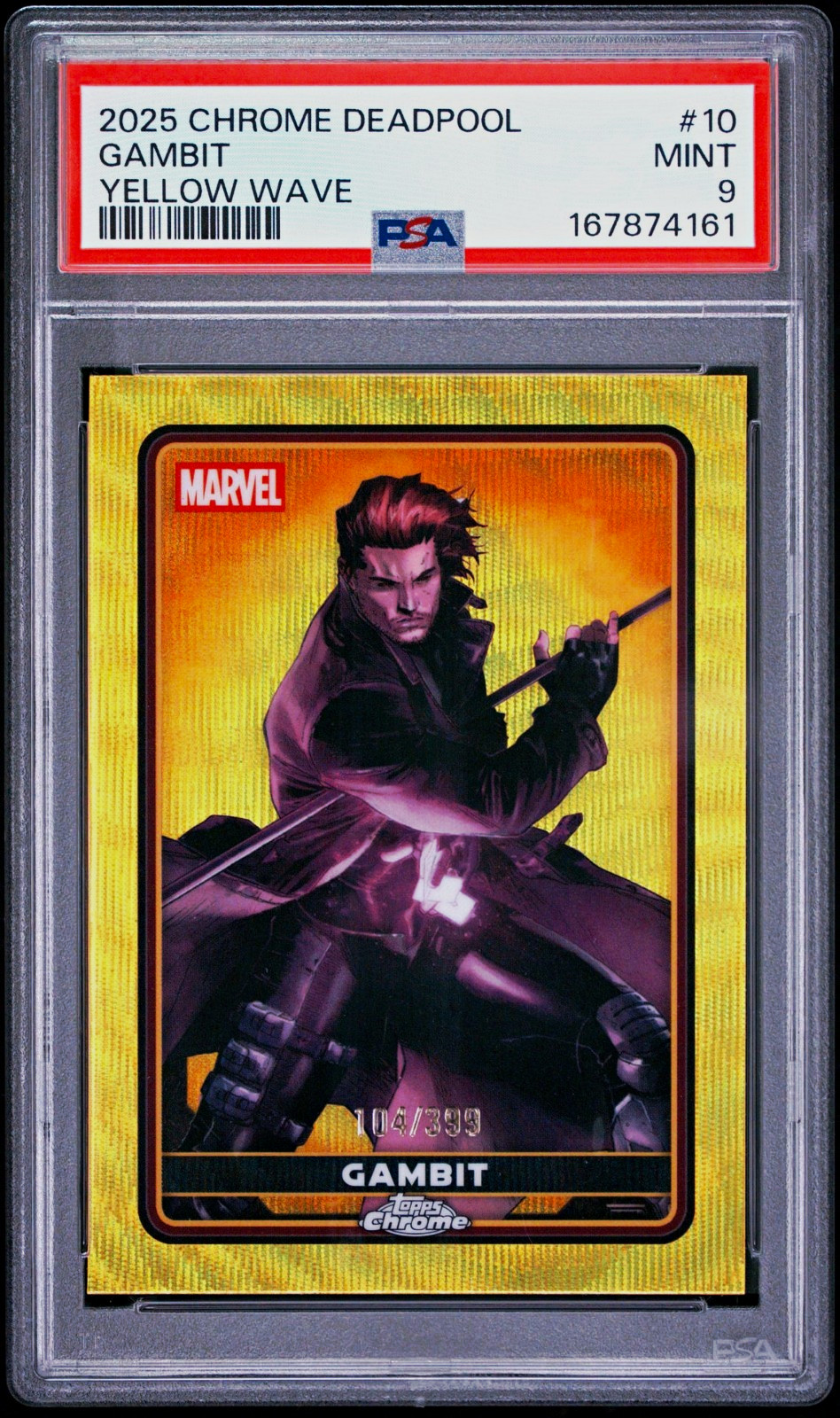 Topps 2025 Chrome Deadpool Gambit #10 Yellow Wave 104/399 PSA 9