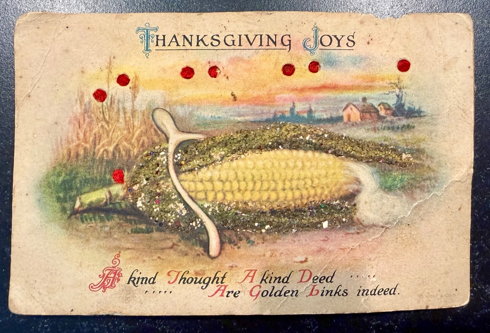 Antique 1910s Thanksgiving Postcard Corn Wishbone Glitter DuPont Hopewell VA