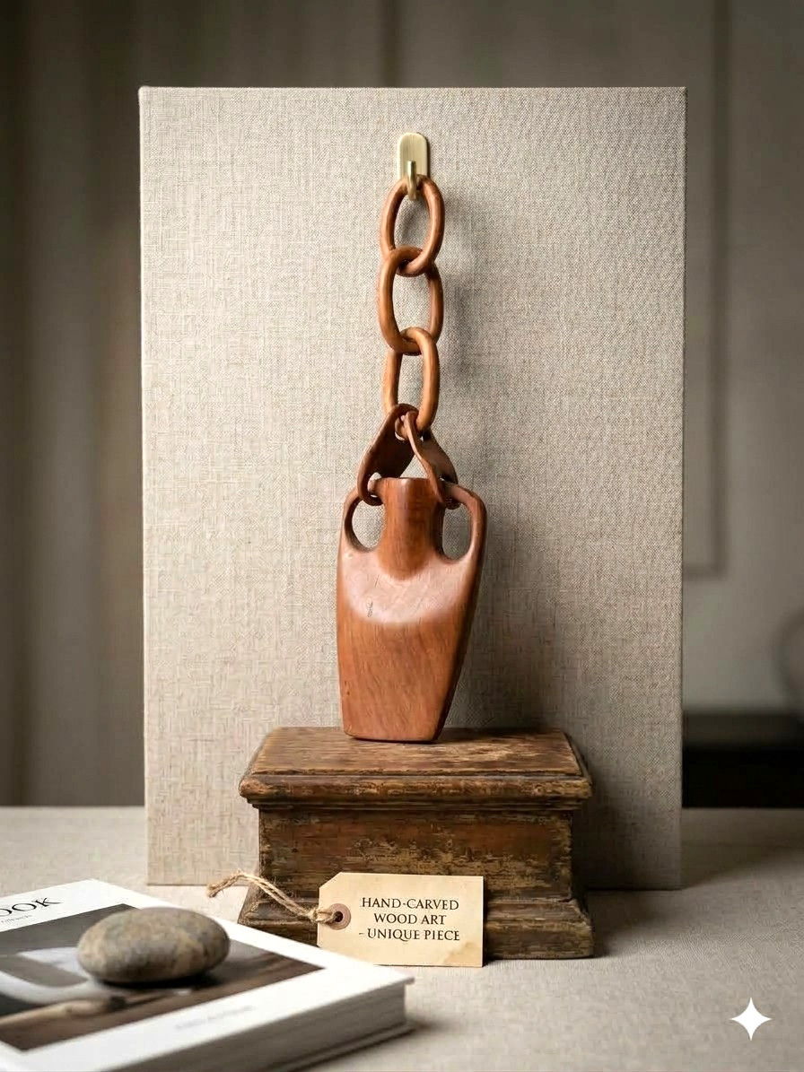 Vintage Hand Carved Wood Whimsy Chain Wall Hanging Vase Rustic Amphora Folk Art Vintage Hand Carved Wood Whimsy Chain Wall Hanging Vase Rustic Amphora Folk Art