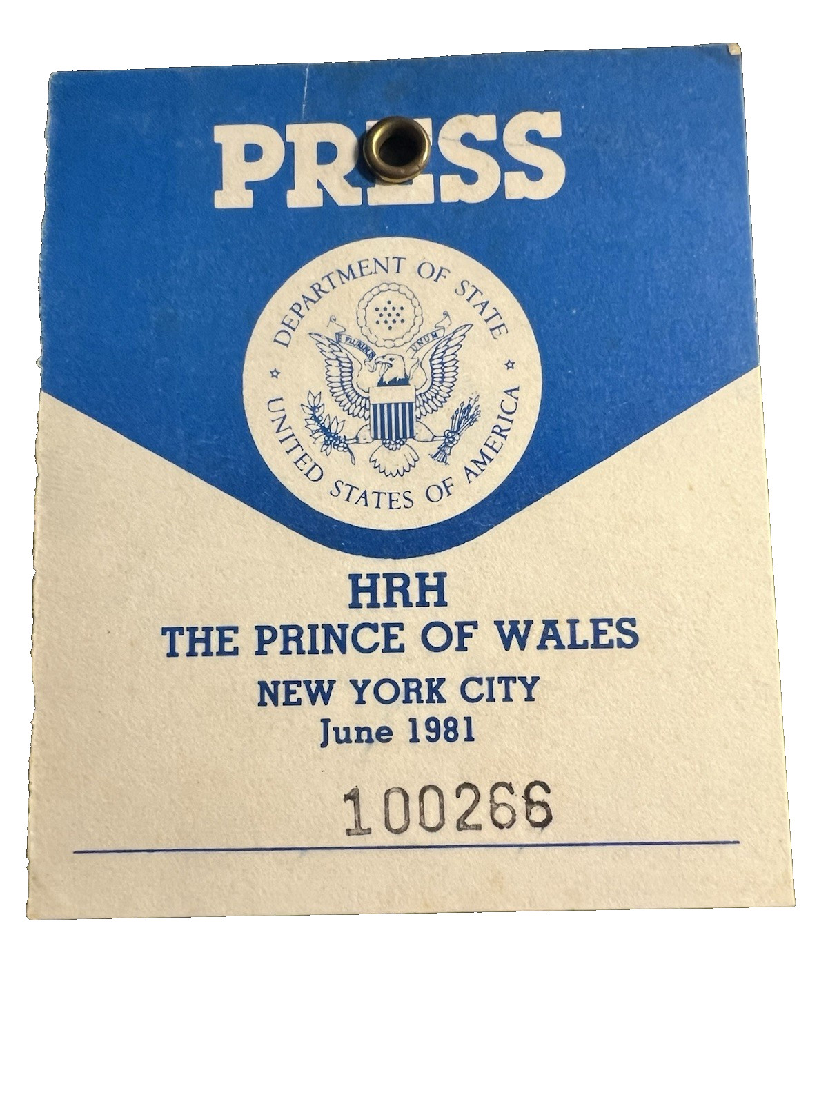 PRINCE CHARLES VERY RARE ORIGINAL PRESS PASS FROM 1981 VISIT TO NEW YORK CITY PRINCE CHARLES VERY RARE ORIGINAL PRESS PASS FROM 1981 VISIT TO NEW YORK CITY