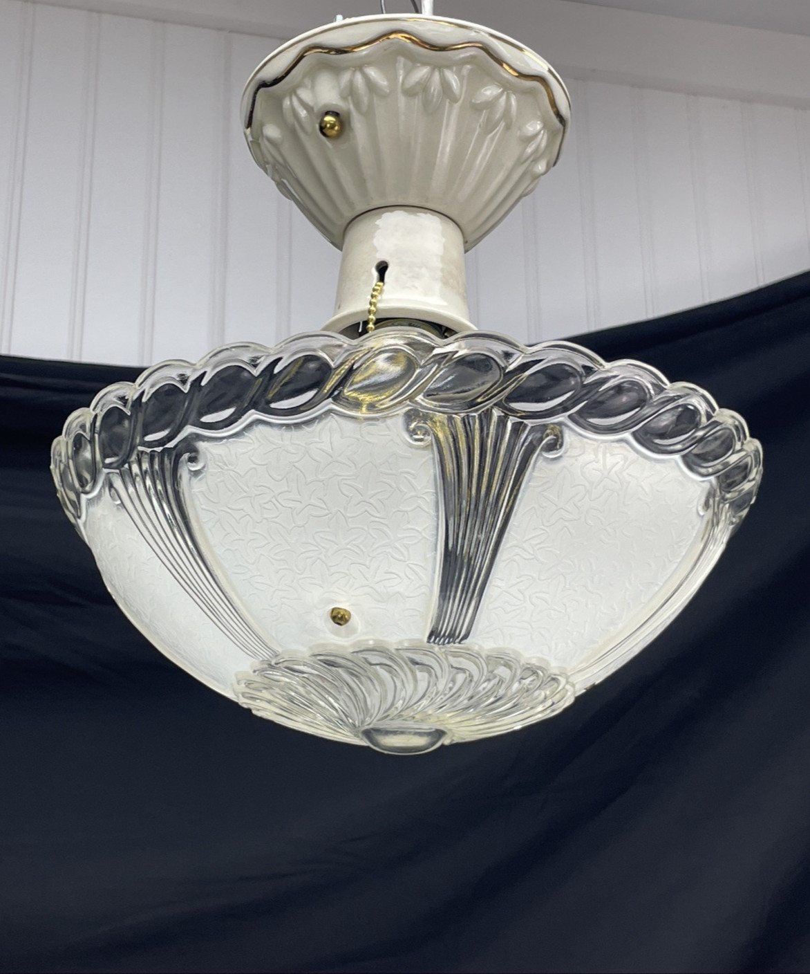 REWIRED Vtg Art Deco Semi Flush Mount Glass Ceiling Light White Clear, Porcelain REWIRED Vtg Art Deco Semi Flush Mount Glass Ceiling Light White Clear, Porcelain