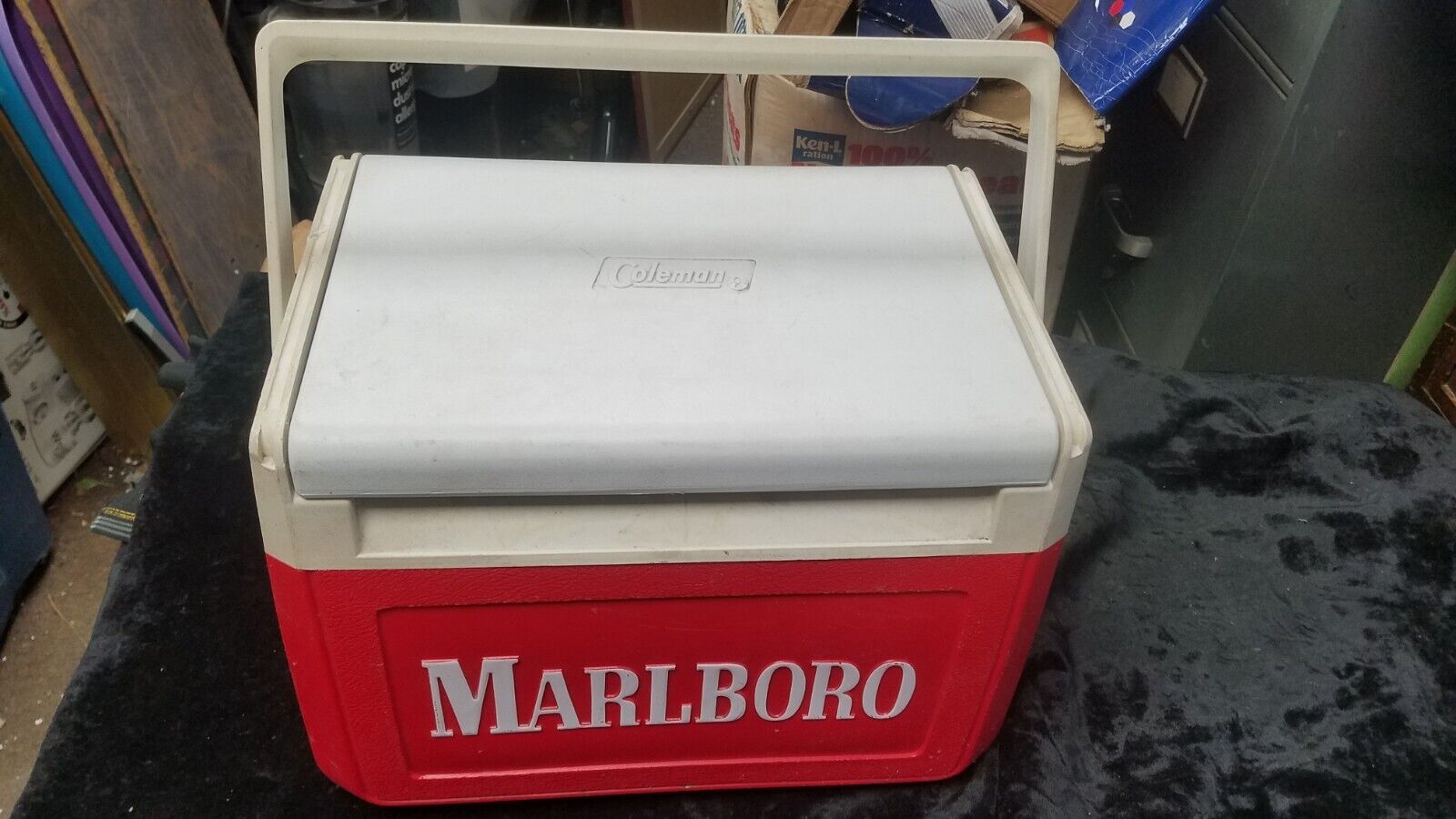 Vintage COLEMAN Brand Red & White Marlboro Cooler 5210 w/ Drink Holder On Top