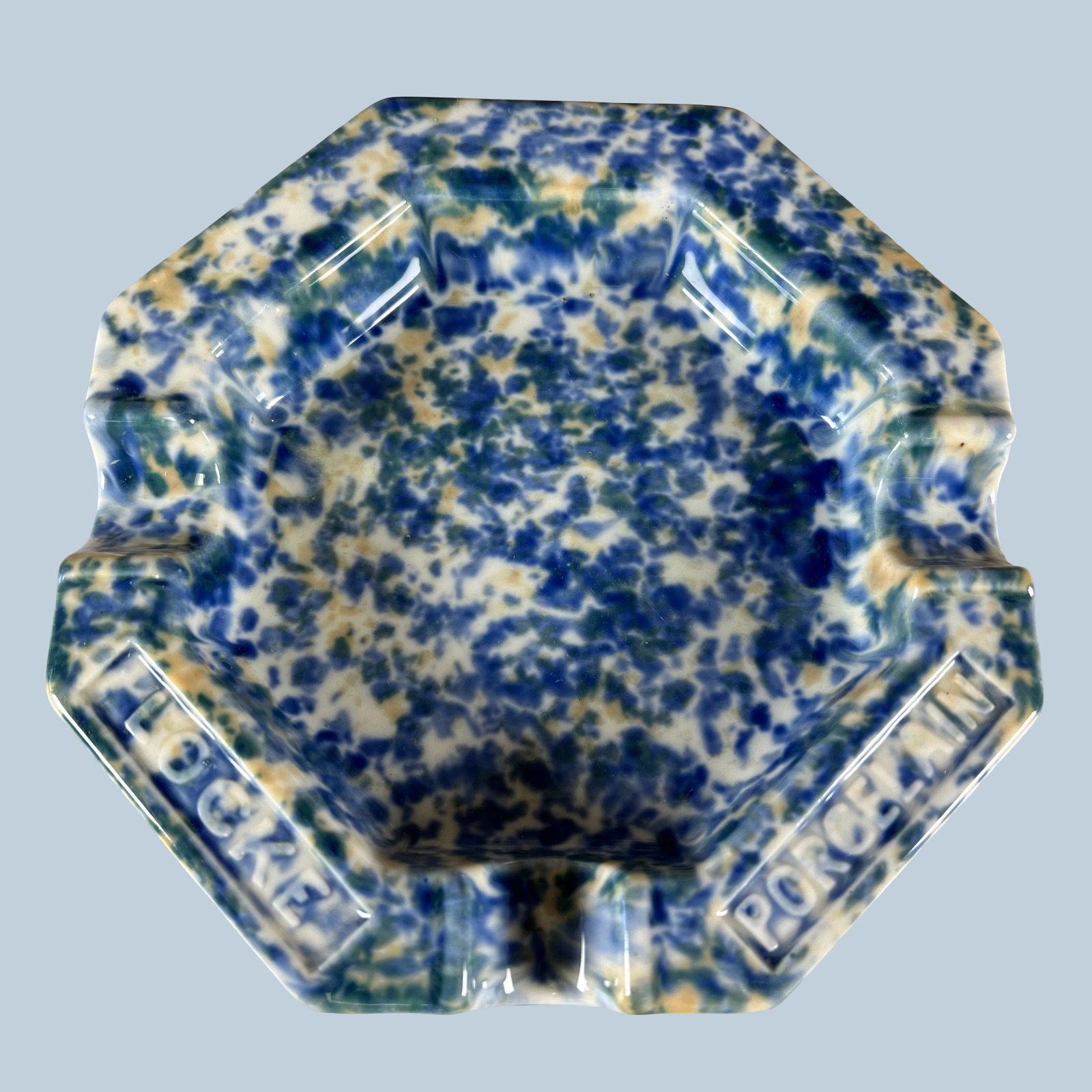 Antique Fred Locke Porcelain Blue Sponge Glaze Insulator Maker Ashtray Rare