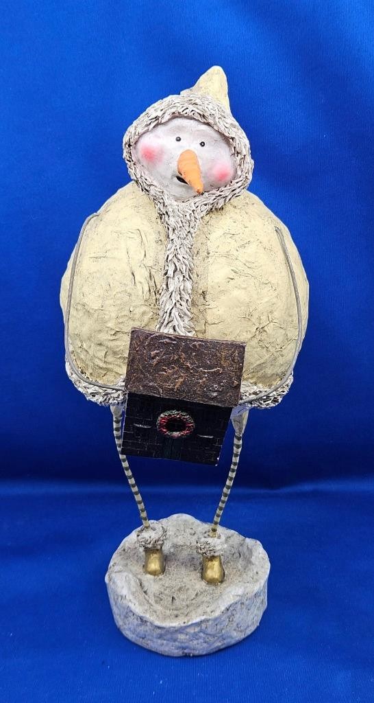 Vtg Rare Lori Mitchell 12.5" Chubby Snowman Holding Christmas House Figurine