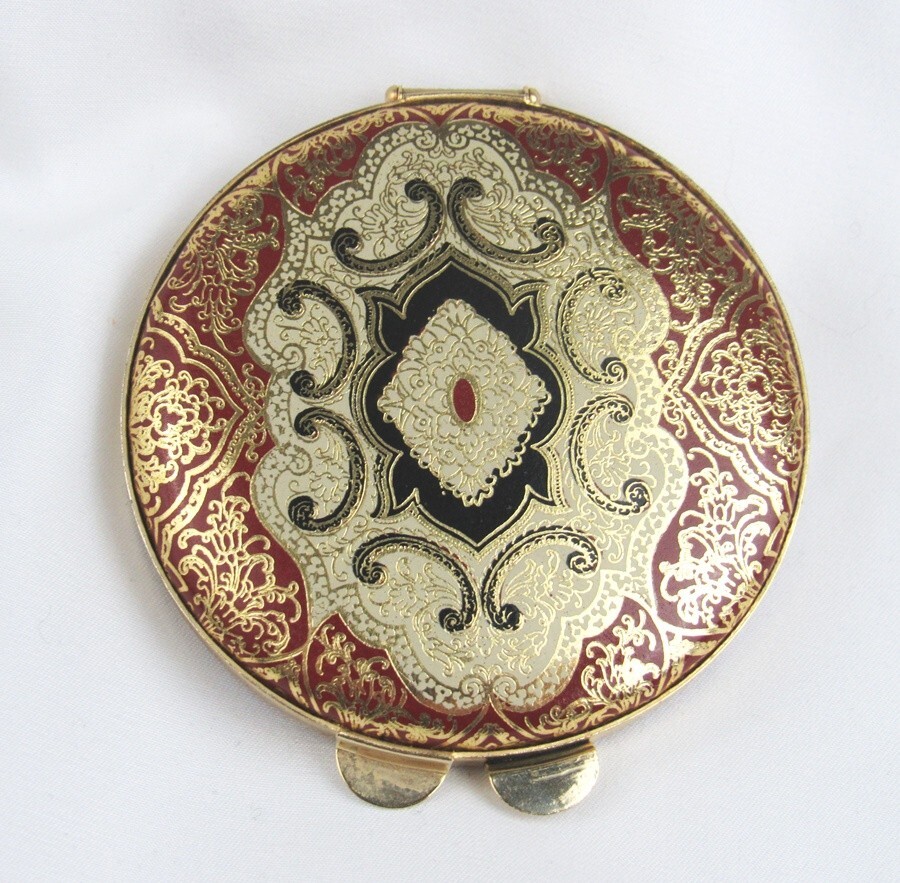Vintage Brevettata Embossed Red Gold Cream Black Leather 3" Make-Up Compact