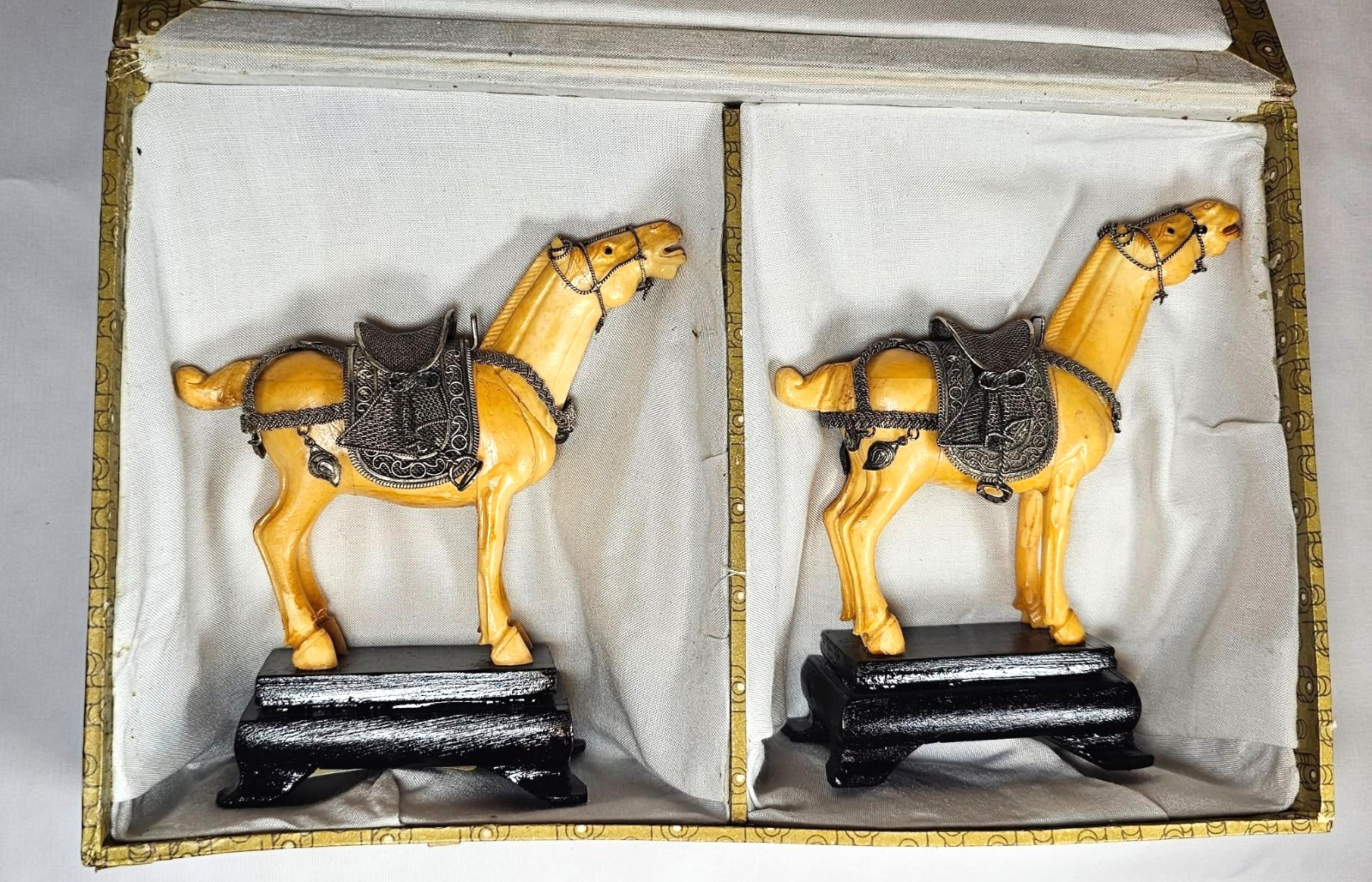 Antique PAIR Silver Saddles Tibetan Asian Carved Horse Boxed Set On Wood Stands