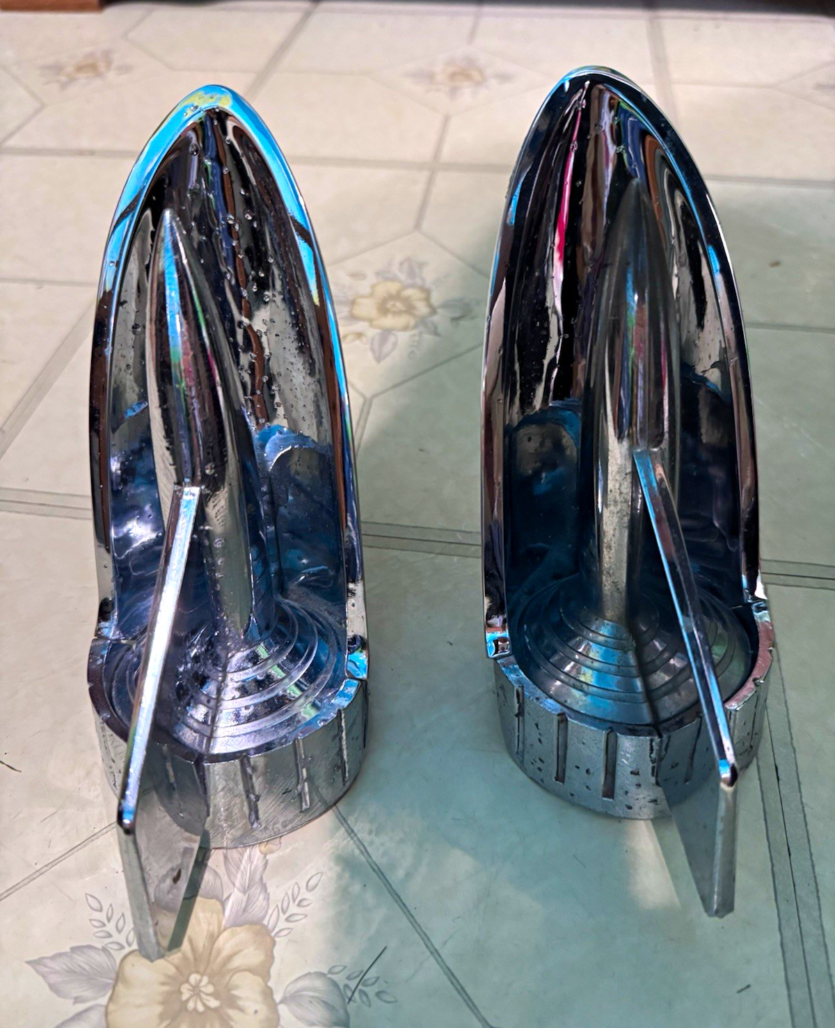 1957 Chevy . 1 Pair Chrome Hood rockets / with coves - Matching Left & Right 1957 Chevy . 1 Pair Chrome Hood rockets / with coves - Matching Left & Right