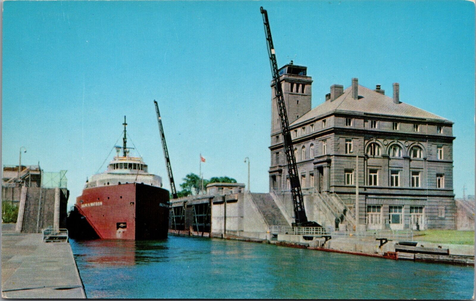 1954 Sault Ste. Marie Michigan MI MacArthur Lock Freighter Bldg Chrome Postcard