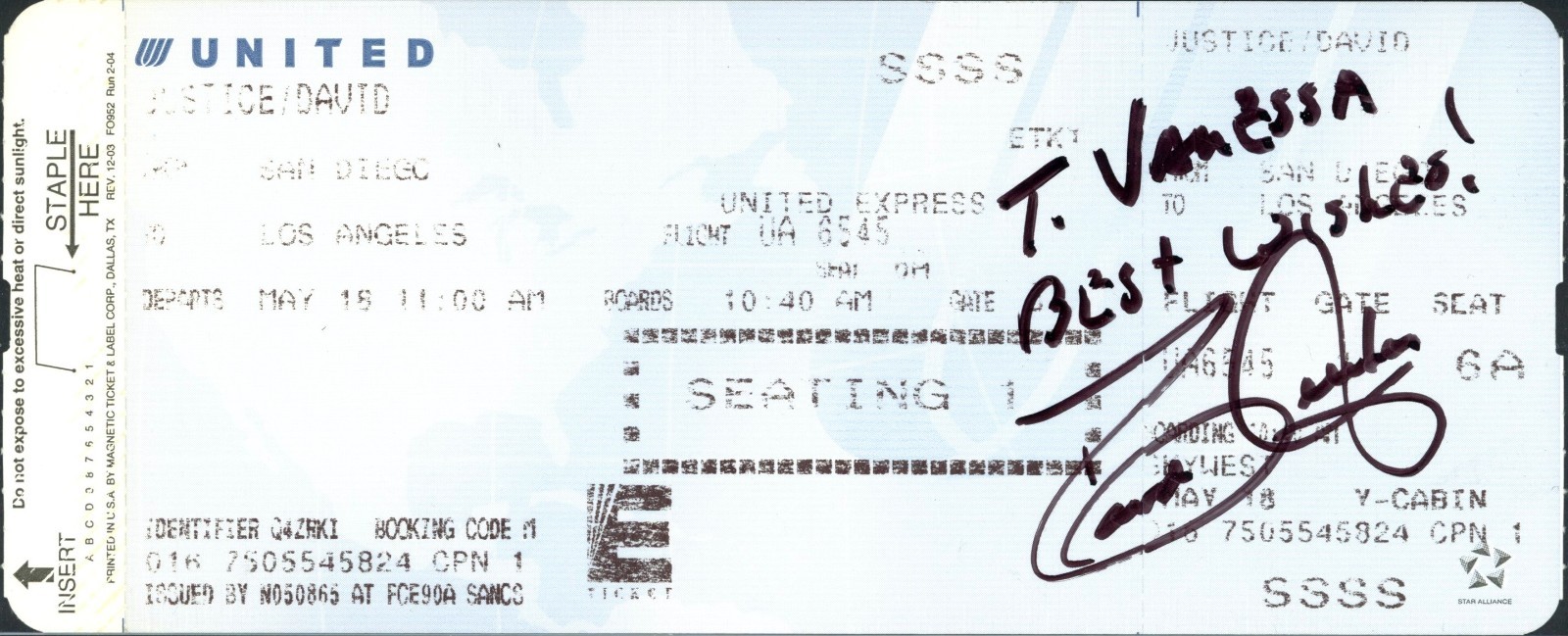 David Justice Autographed Boarding Pass David Justice Autographed Boarding Pass