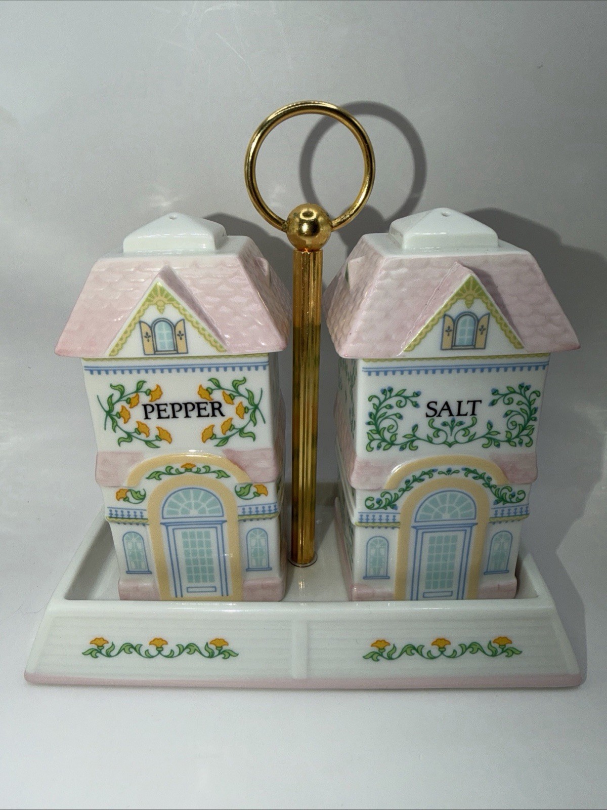 Vintage 1991 Lenox Village Salt & Pepper Shakers Caddy Tray Set Spice Village Vintage 1991 Lenox Village Salt & Pepper Shakers Caddy Tray Set Spice Village