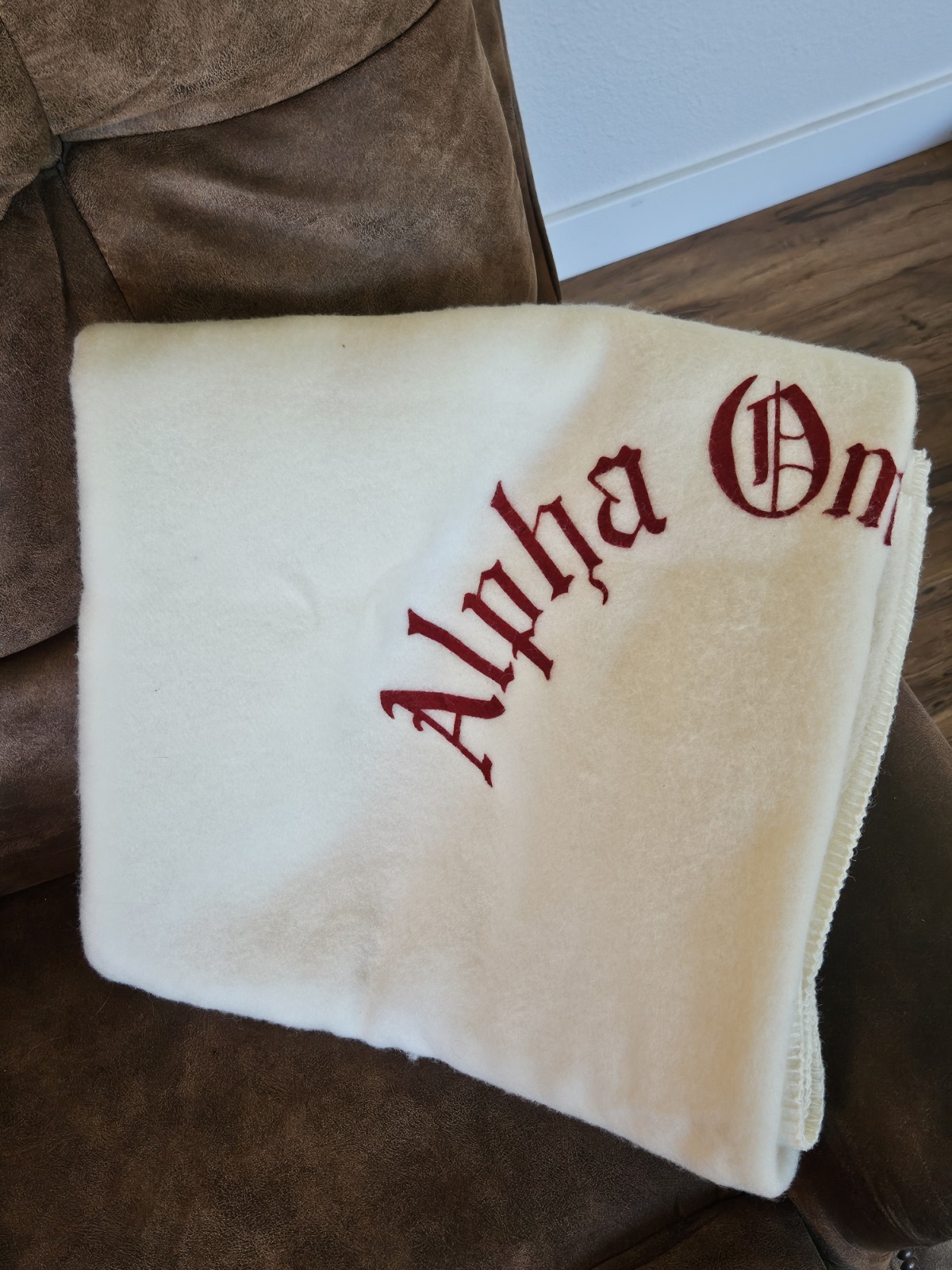 Vintage 1970s Alpha Omicron Pi Sorority Stadium Throw Blanket Gothic Script