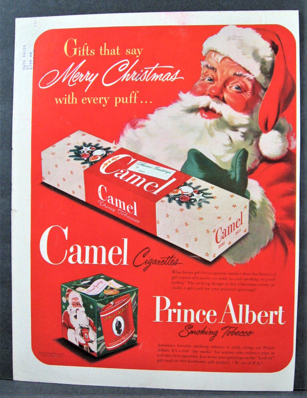 Vintage 1940's Camel Cigarettes & Prince Albert Magazine Full Pg Santa Xmas Pack