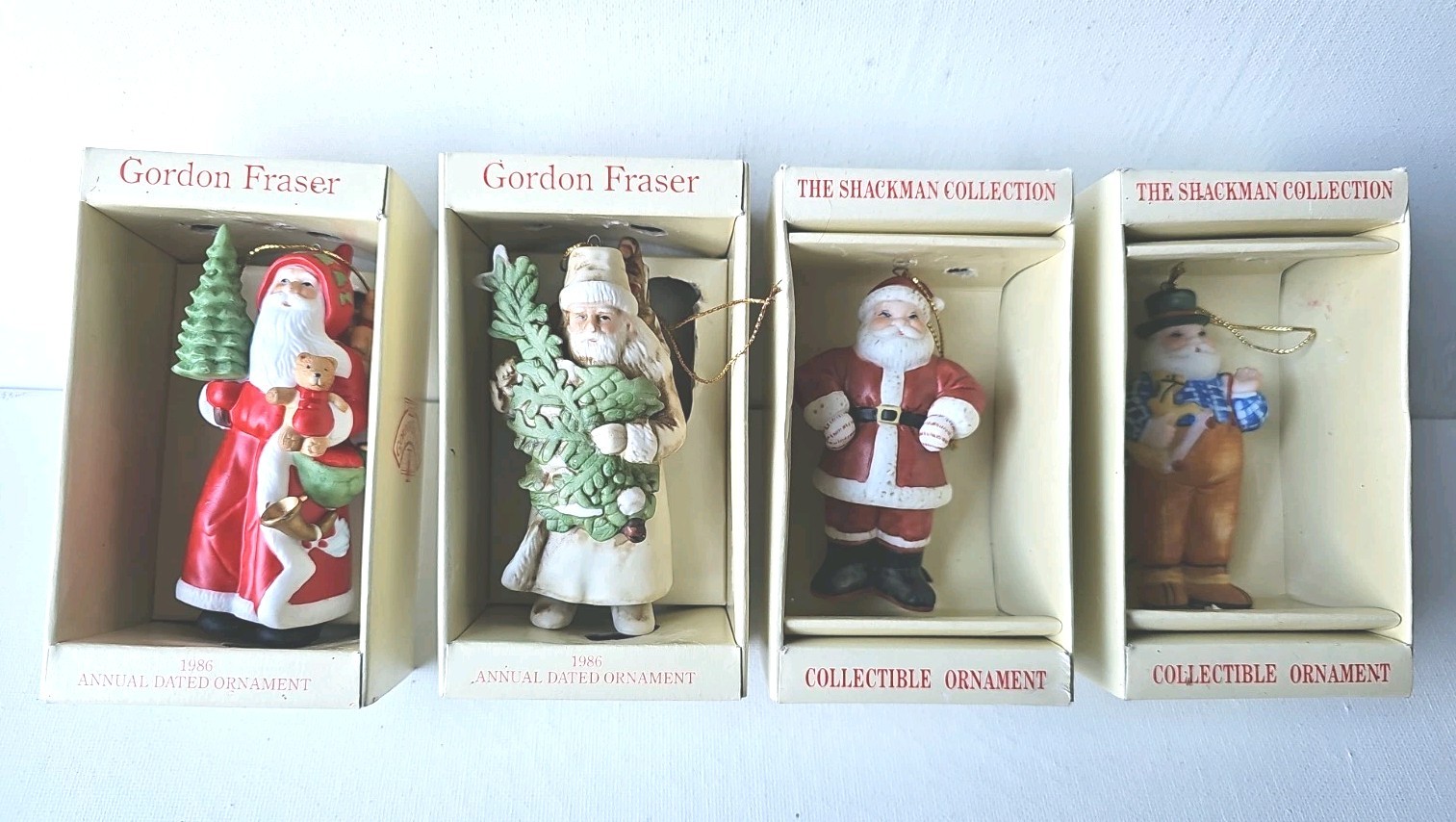 Vintage 1985 & 86 Schmid Santa Ornament with Toys & Box Porcelain 4 In Lot Vintage 1985 & 86 Schmid Santa Ornament with Toys & Box Porcelain 4 In Lot