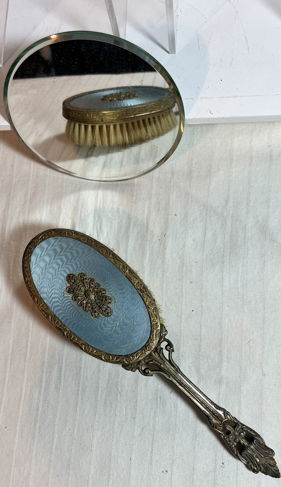 Antique Elegant Victorian French Brush Brass Light Blue 9.5 Inches Excellent Antique Elegant Victorian French Brush Brass Light Blue 9.5 Inches Excellent