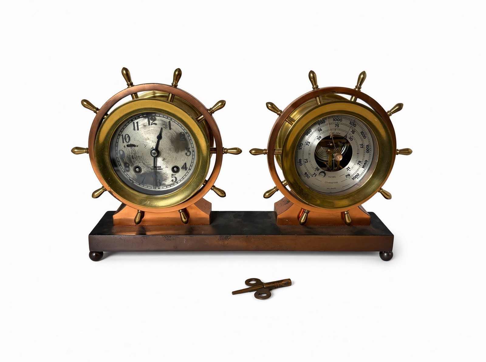 Vintage Chelsea Brass Ship Wheel Clock & Barometer Desk Set w/ Key Nautical Vintage Chelsea Brass Ship Wheel Clock & Barometer Desk Set w/ Key Nautical