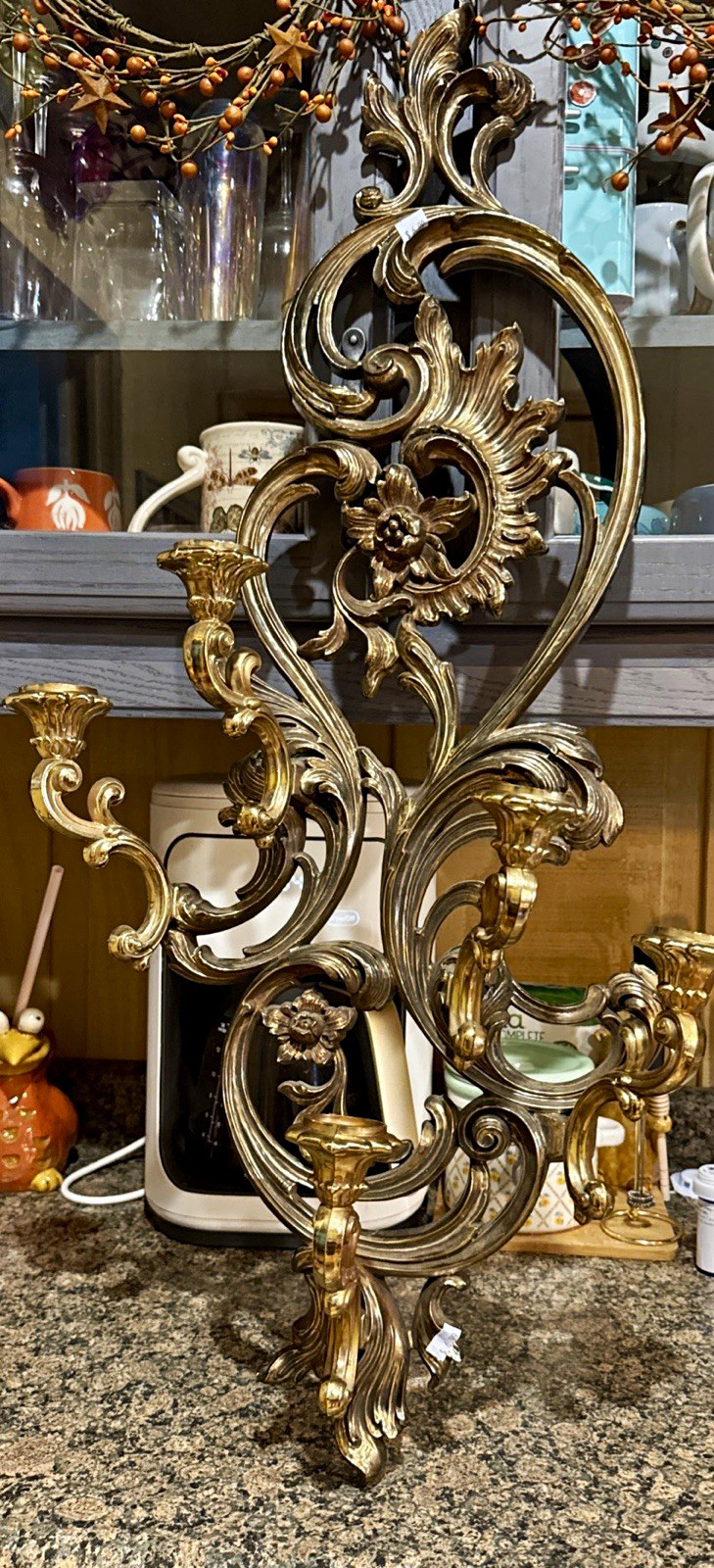 Vintage 1970s Plastic SYROCO 5 Arm Wall Sconce Ornate Tarnished Gold Baroque 34" Vintage 1970s Plastic SYROCO 5 Arm Wall Sconce Ornate Tarnished Gold Baroque 34"