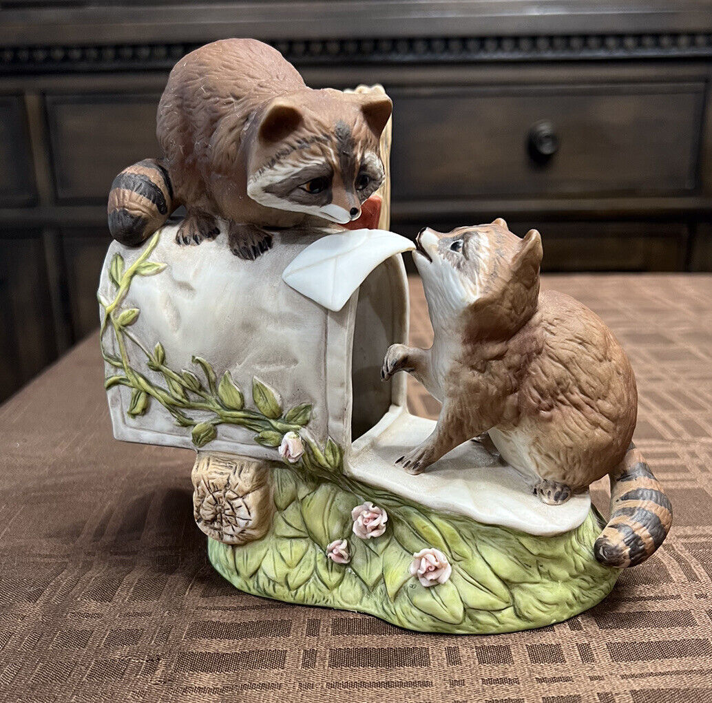Homco Masterpiece Porcelain Raccoons Playing On Mailbox