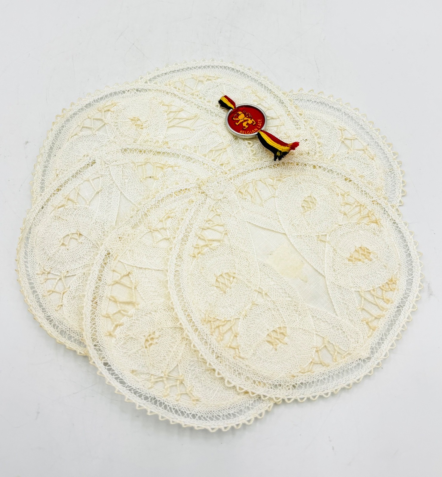 Vintage Belgium Lace Doilies Coasters Set of 6 Belgian Beige Lace Handmade 4” Vintage Belgium Lace Doilies Coasters Set of 6 Belgian Beige Lace Handmade 4”