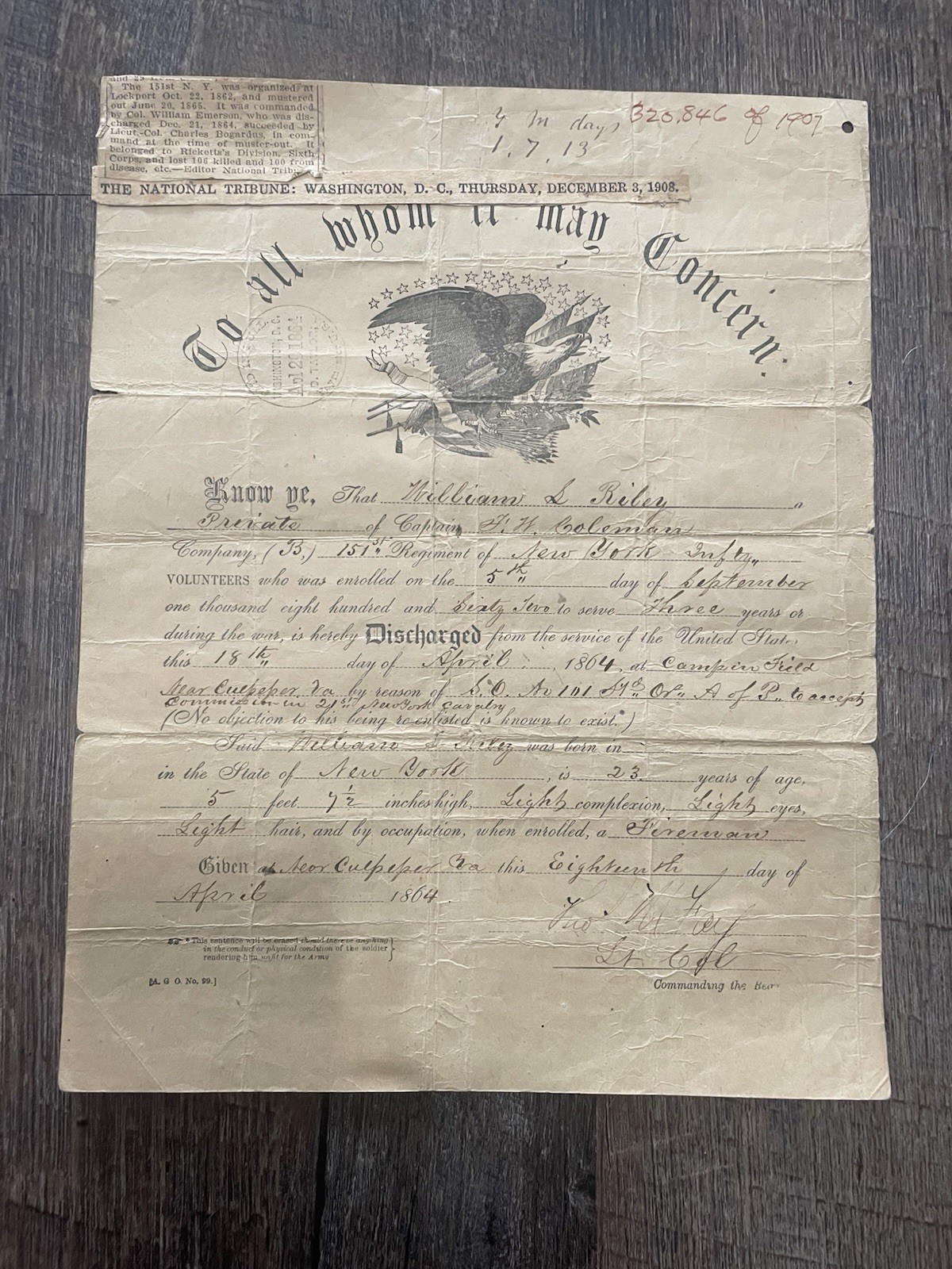 151st NY Inf And 21st NY Cavalry Solider Civil War Discharge
