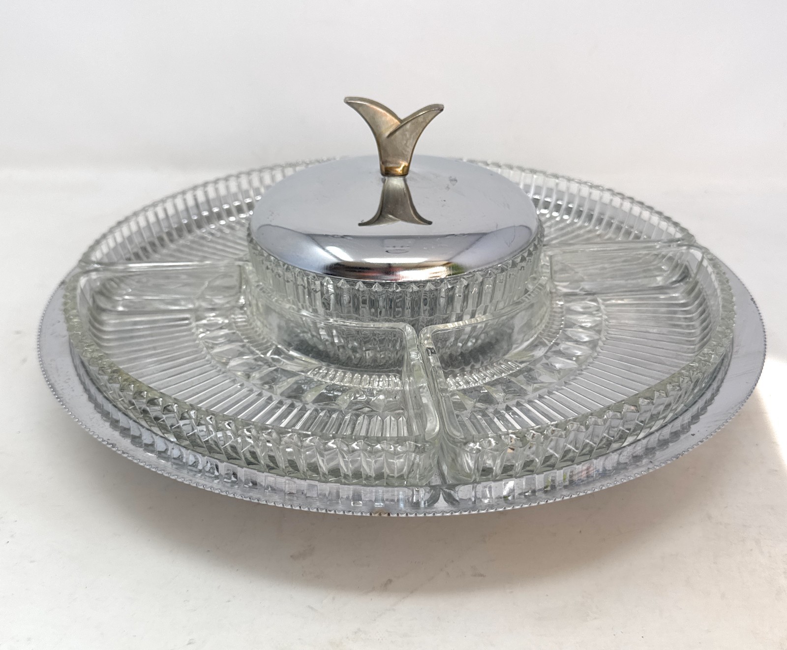 Kromex Lazy Susan Chrome Glass Divided Serving Relish Tray w/ Lid MCM Atomic 13" Kromex Lazy Susan Chrome Glass Divided Serving Relish Tray w/ Lid MCM Atomic 13"