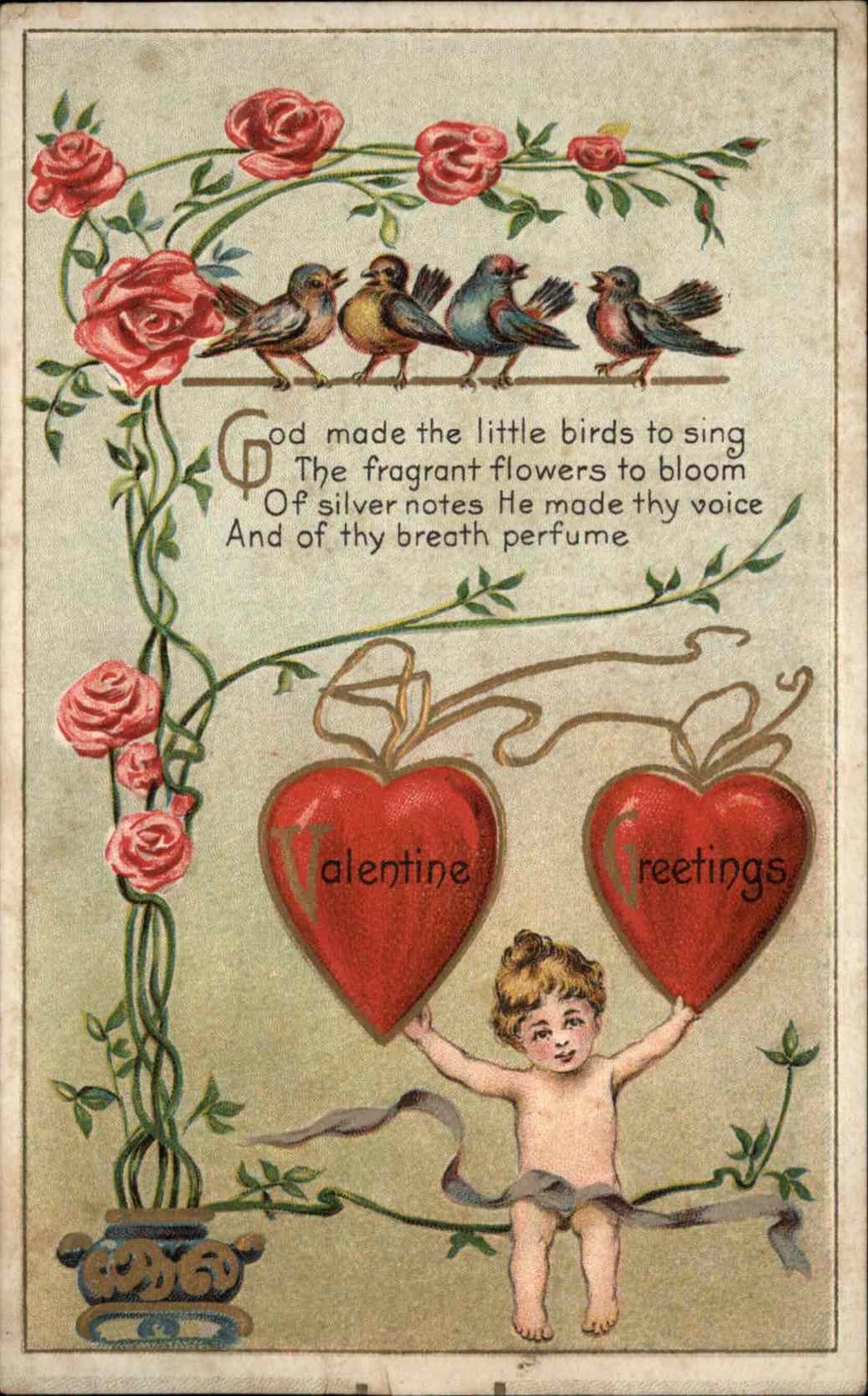 Valentines Greetings Poem Cherub Embossed c1910-1920s Vintage Postcard
