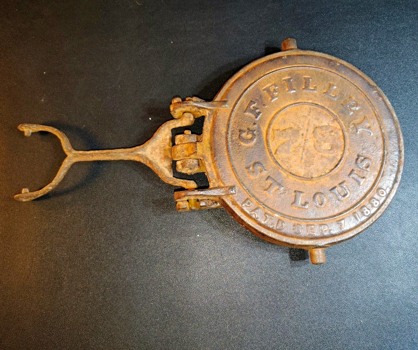 G.F. Filley Stove Top Waffle Iron Pat. 1880 Cast Iron Vintage Original No Base G.F. Filley Stove Top Waffle Iron Pat. 1880 Cast Iron Vintage Original No Base