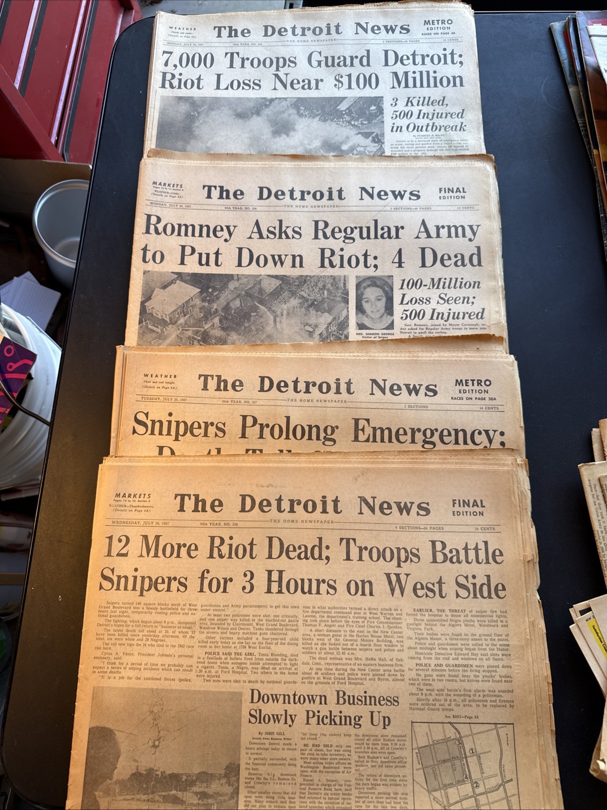 Vintage Detroit News detroit riot newspapers Lot Of 4 July 24-26 1967 Run Vintage Detroit News detroit riot newspapers Lot Of 4 July 24-26 1967 Run