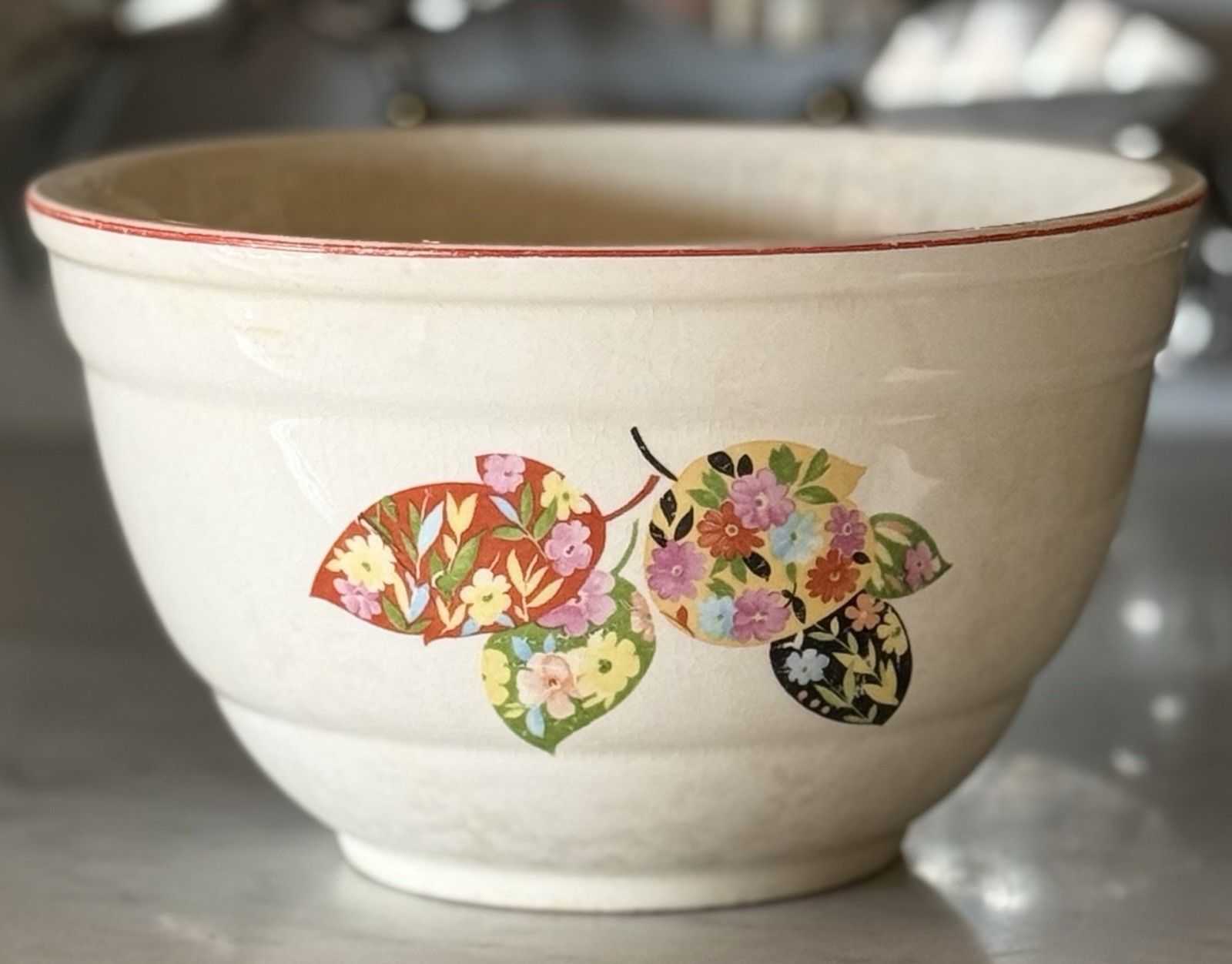 Vintage 1940s Edwin Knowles Leaf Dance Pattern Large Pottery Mixing Bowl